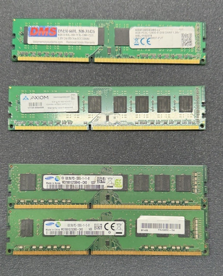 Mixed Lot 4X 8GB 2Rx8 DDR3-1600 PC3-12800U Samsung Axiom DHS
