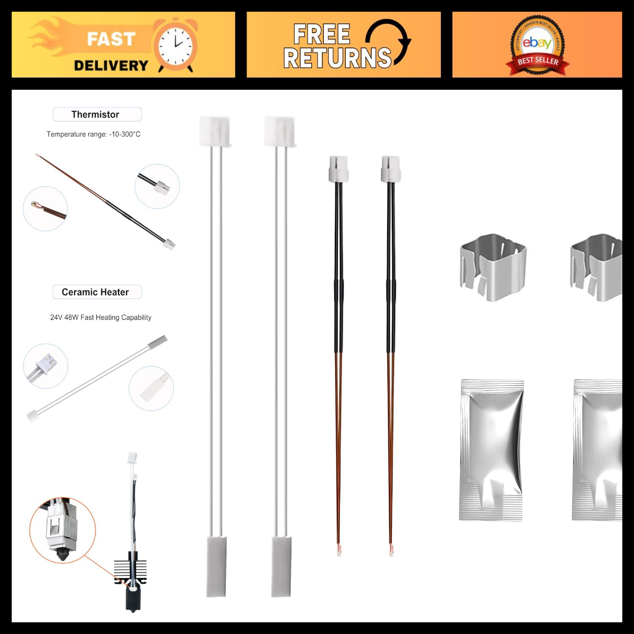 High-Temperature 24V 48W Ceramic Heater & Thermistor Set for 3D Printers, 2PCS