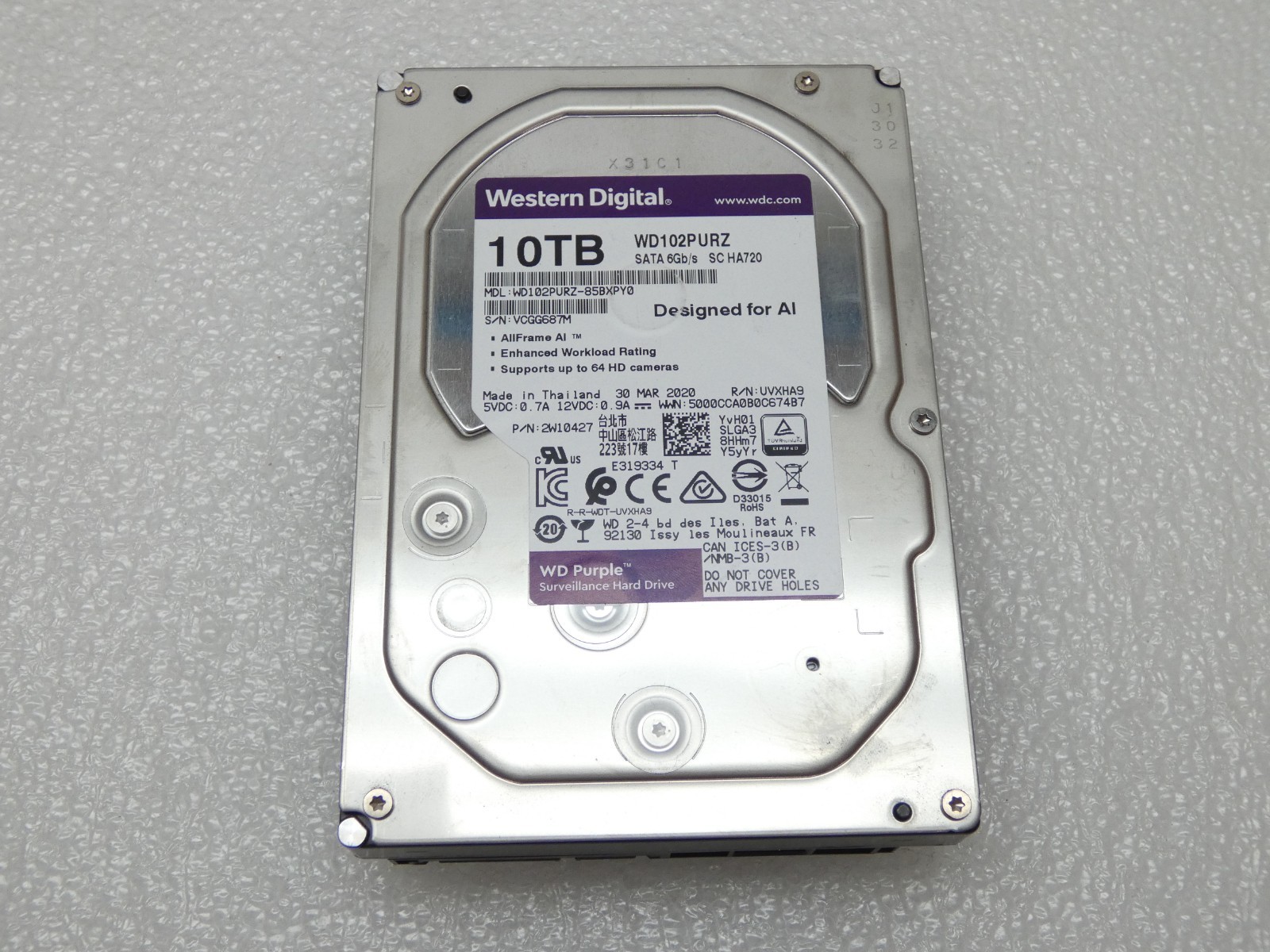 Western Digital WD102PURZ 10TB SATA 6Gb/s 3.5" Hard Drive |Defective/Not Working
