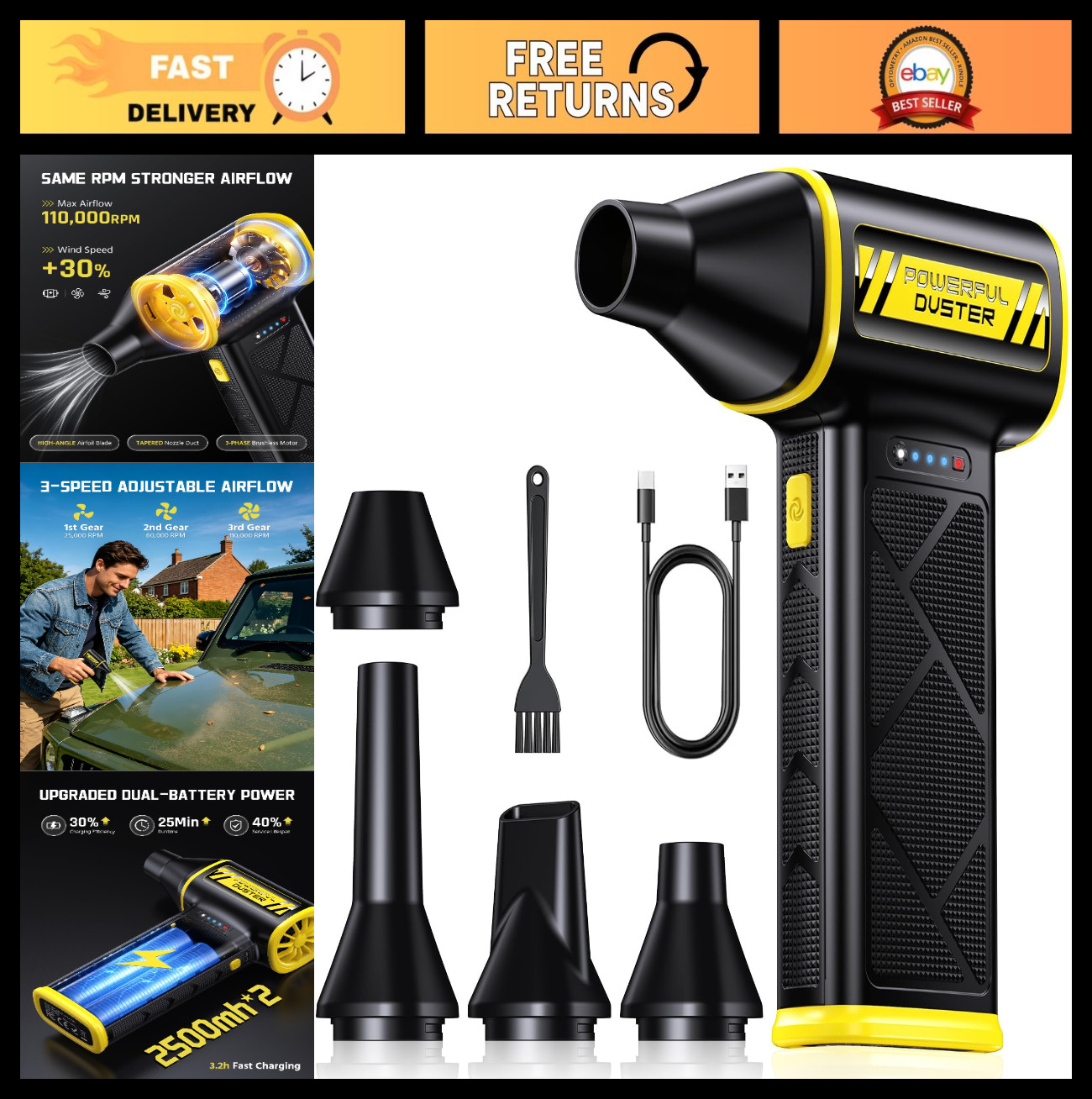 Ultra-Powerful Cordless Air Duster 110000RPM, 3-Speed Rechargeable Dust Blower f