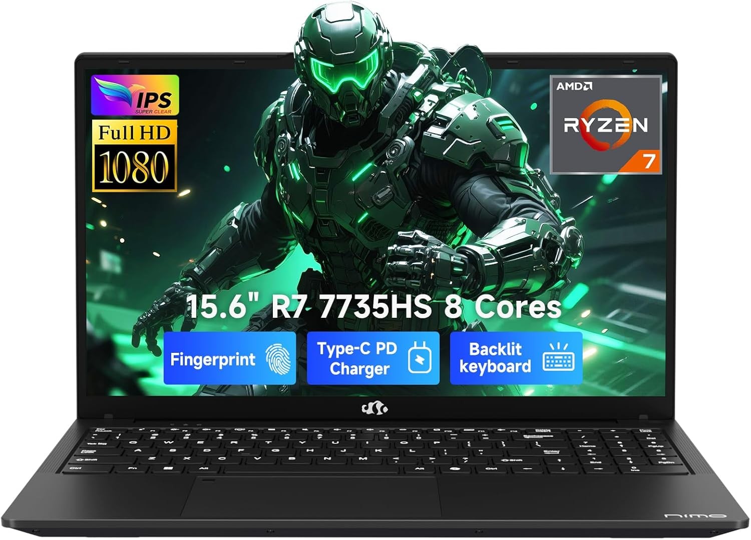 NIMO 15.6 IPS FHD Light Gaming-Laptop AMD Ryzen 7 7735HS 16GB DDR5 RAM 512GB SSD