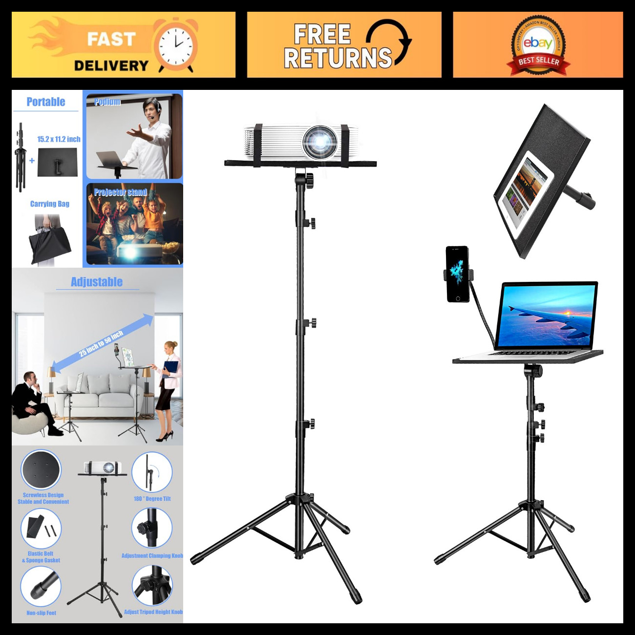 Universal Adjustable Laptop Projector Tripod Stand - Portable Floor Mount for DJ