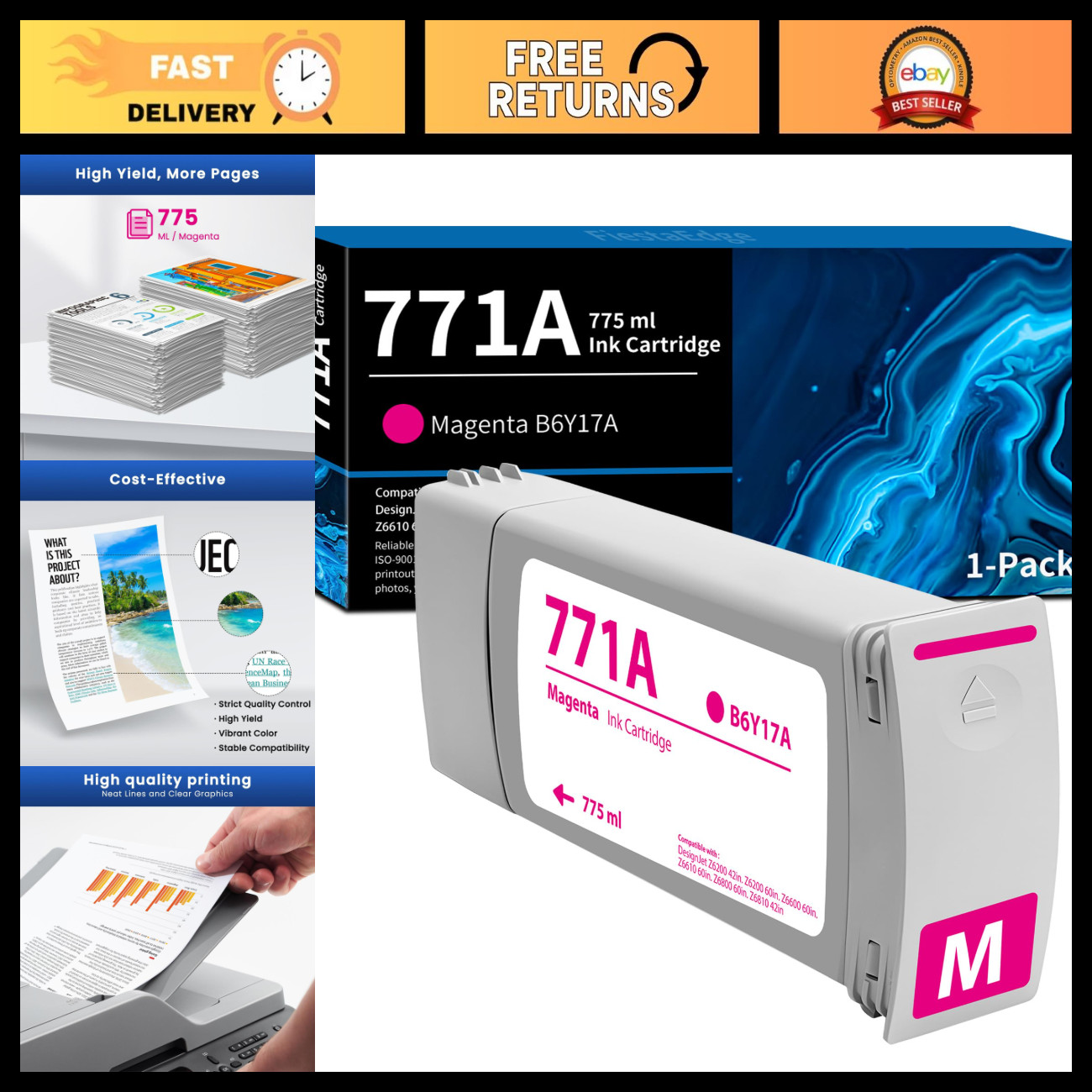 Magenta Ink Cartridge 775ml - High Yield, Compatible, 1-Pack for Quality Prints