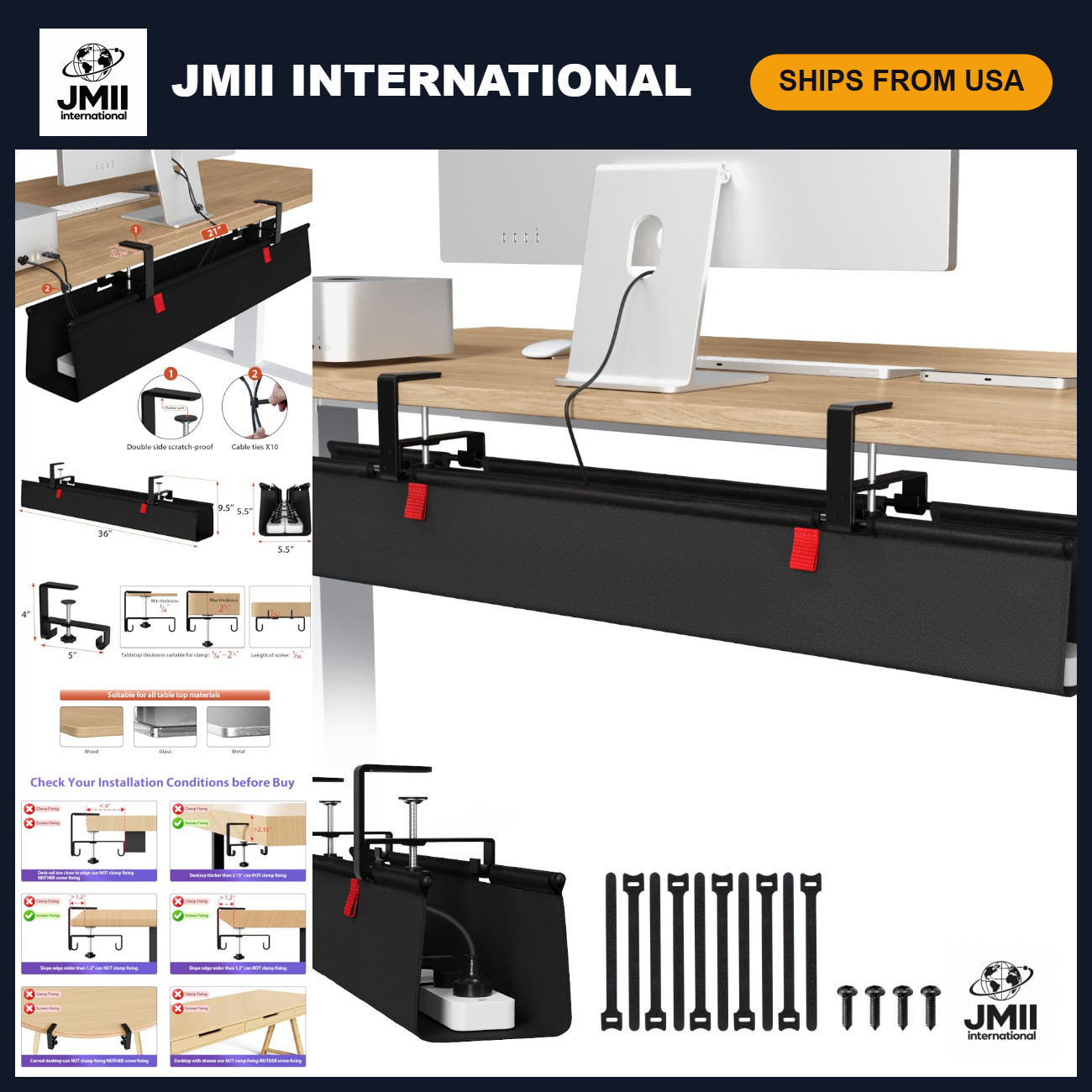 36-Inch No Drill Under Desk Cable Management Tray - Easy Install, Tidy Cables