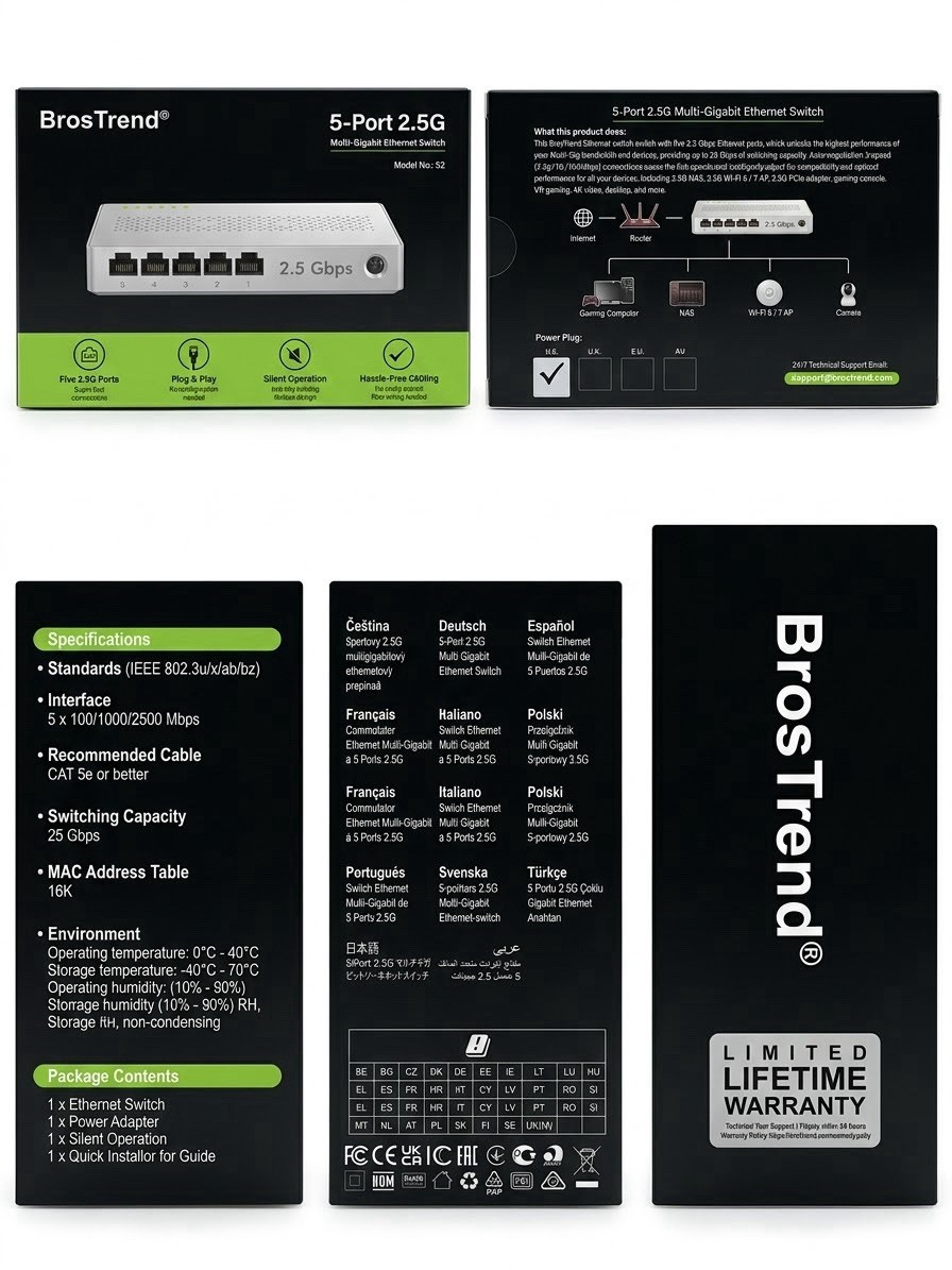 BrosTrend 5-Port 2.5G Muti-Gigabit Ethernet Switch Model No: S2 Plug&Play Silent