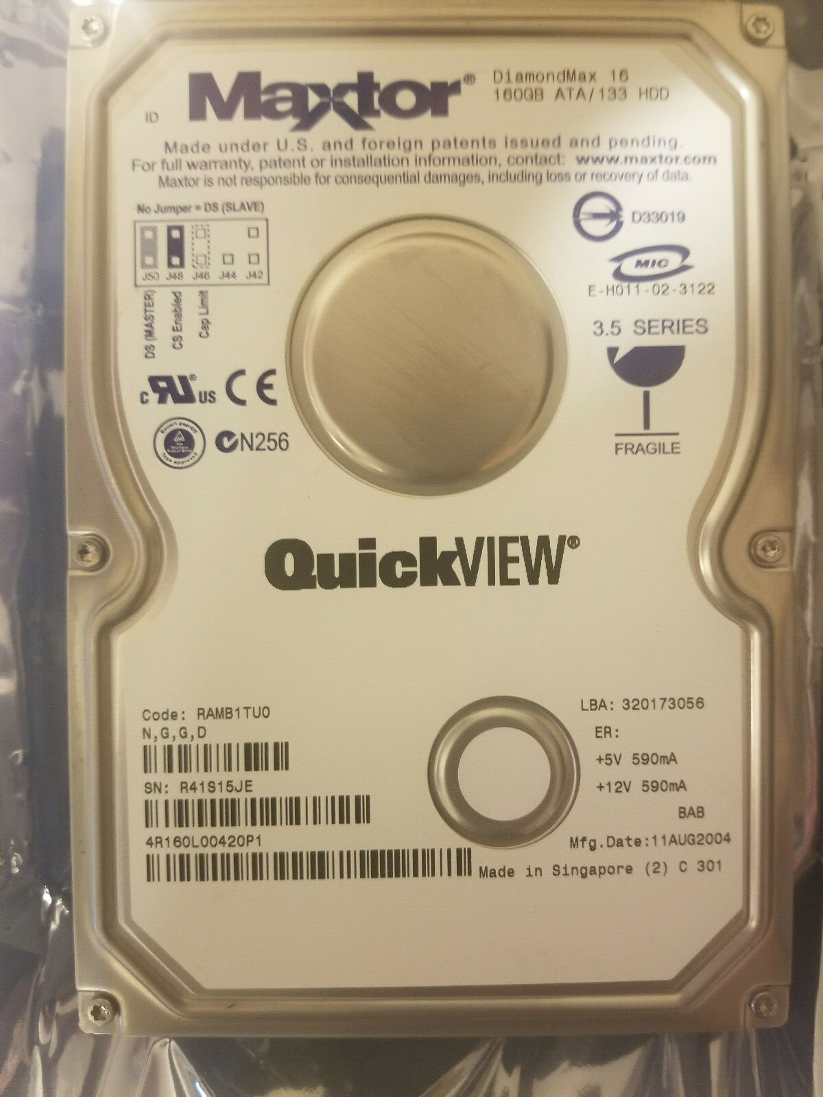 Maxtor 4R160L00420P1 BAB 160GB ATA 3.5" HD RAMB1TU0 NGGD FR04B T8FRA 4R160L0