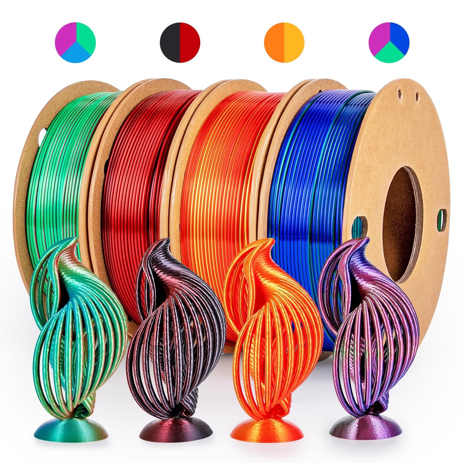 dikale Silk 3D Printing Filament PLA+ Tricolor and Dual Color 4Pack Bundle  1...