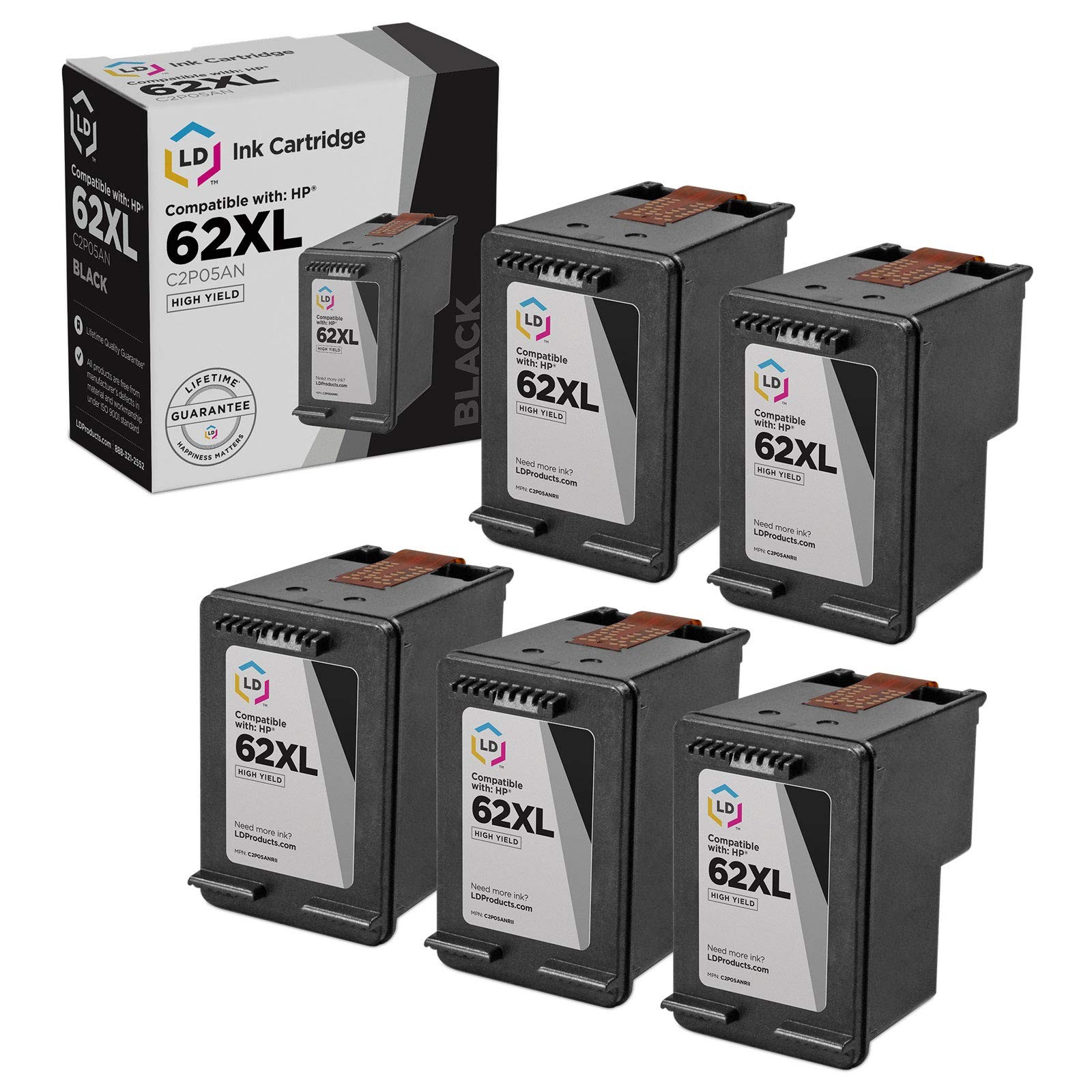LD Products Replacement for HP C2P05AN/62XL 5PK Black Ink Cartridges