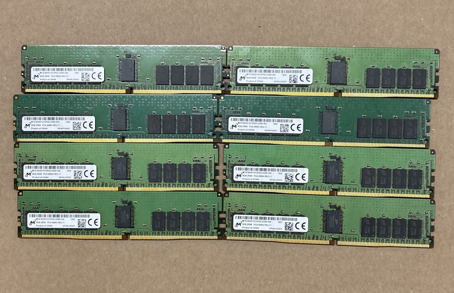 Lot Of 8 Micron 8GB 2Rx8 PC4-2666V-RE2-11 ECC REG Server Ram MTA18ASF1G72PDZ-2G6