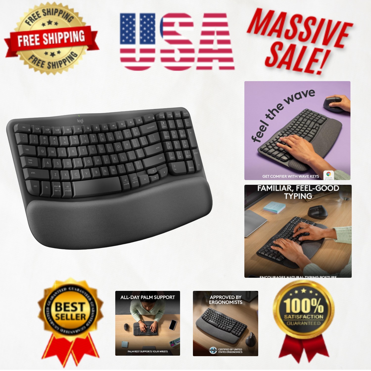 Wave Keys Wireless Ergonomic Keyboard - Luxurious Comfort & Switchable Connec...