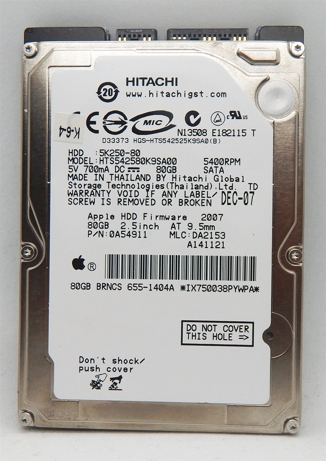 80GB Hitachi 2.5" SATA (Apple 80GB) HDD mdl:HTS542580K9SA00 sn:IX750038PYWPA