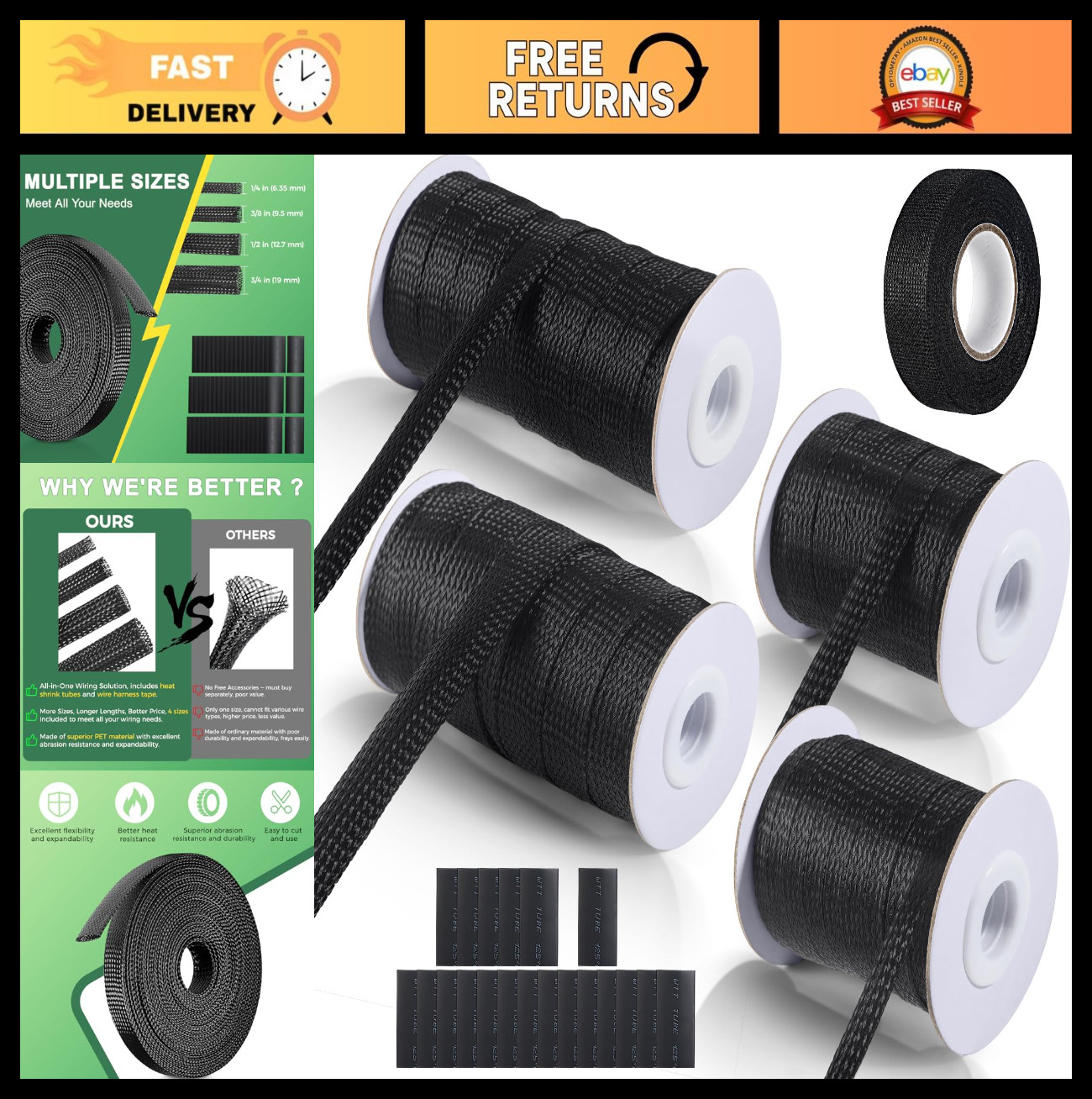 132ft Expandable Braided Cable Sleeve - PET Wire Loom, Mesh Sheathing Wrap for A