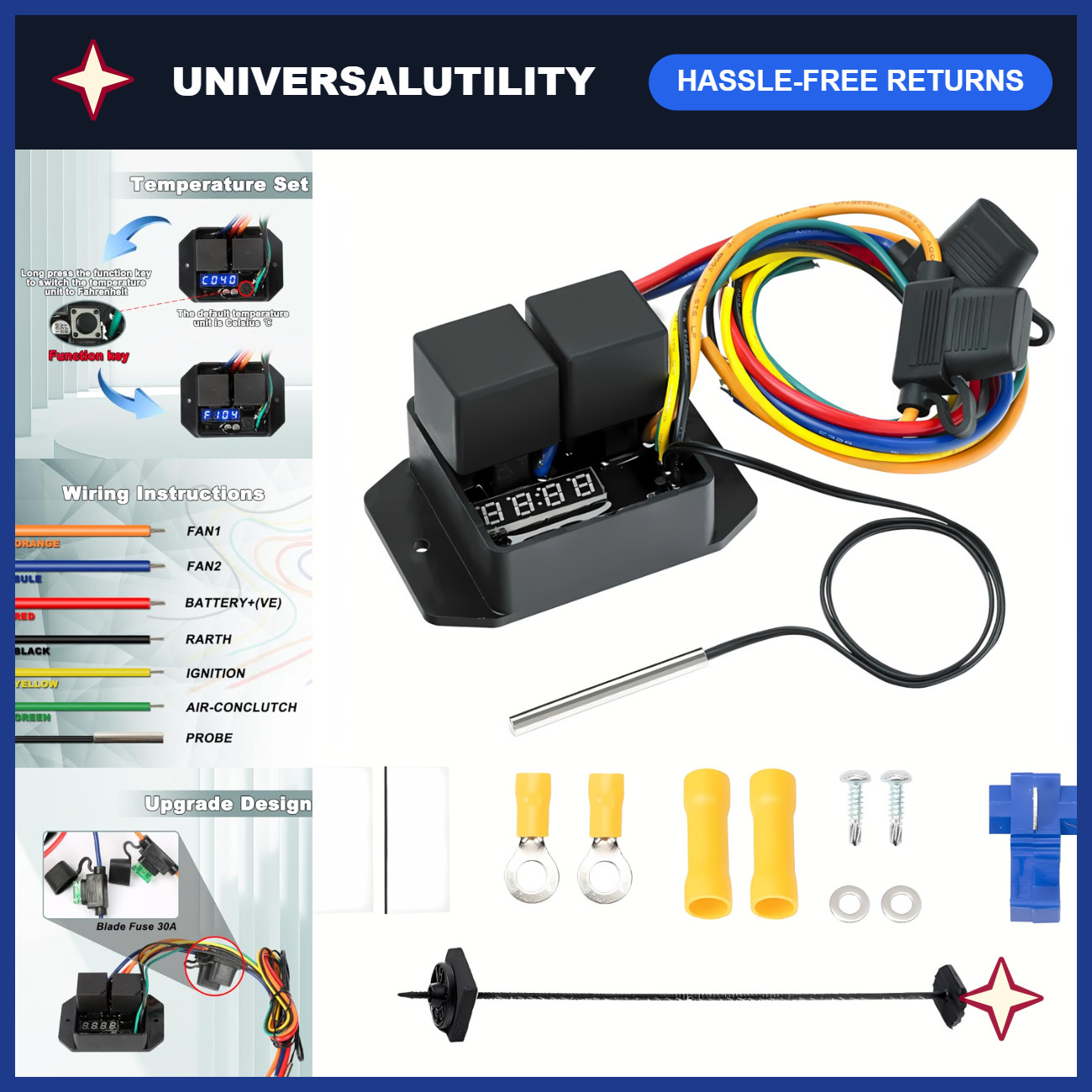 Digital Thermatic Fan Switch Kit, 12V/24V, Adjustable Temp Range, Dual Electric
