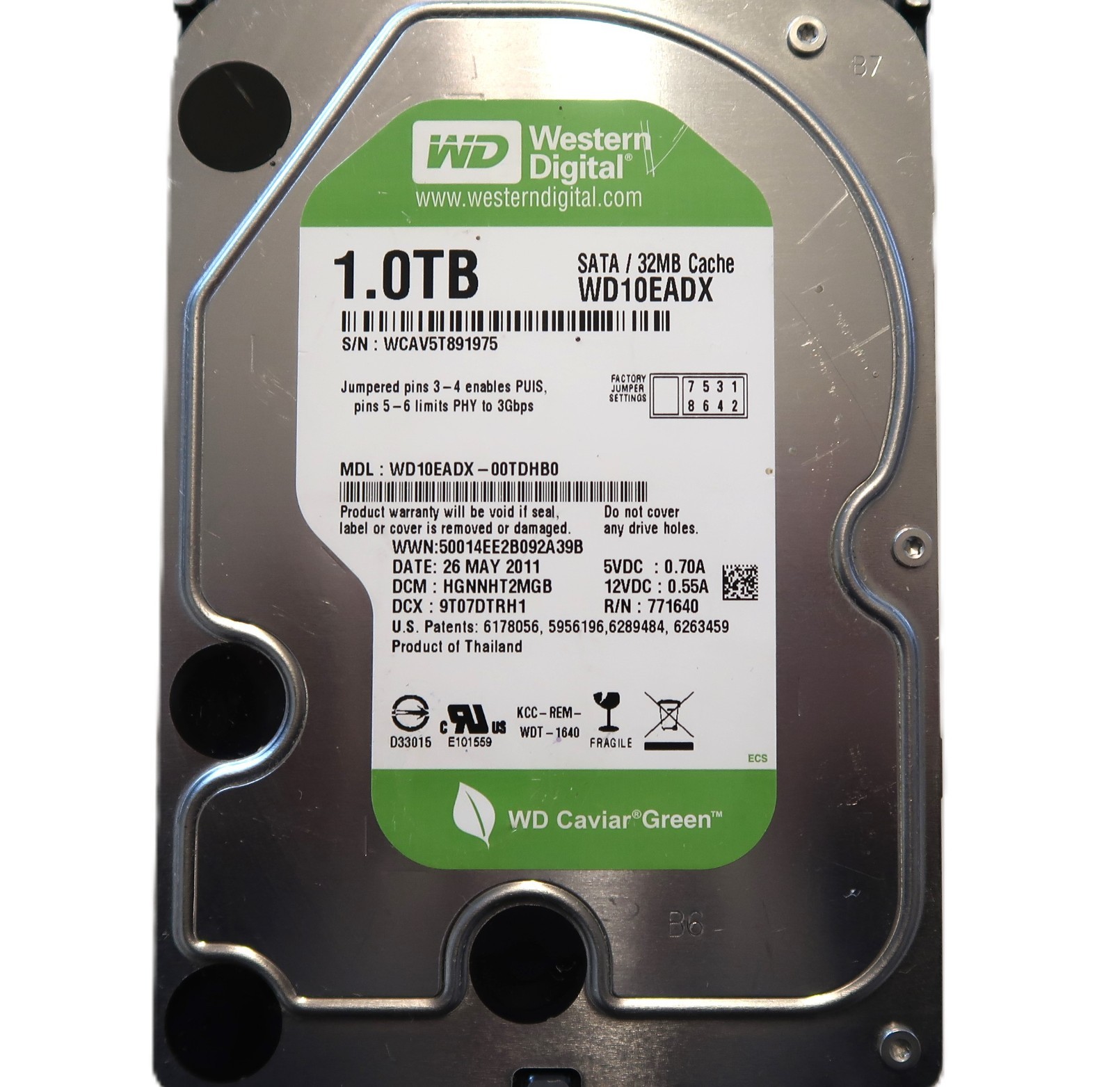 WD10EADX-00TDHB0 HGNNHT2MGB (WCAV) Thailand 3.5" 1TB Sata HDD MAY/2011