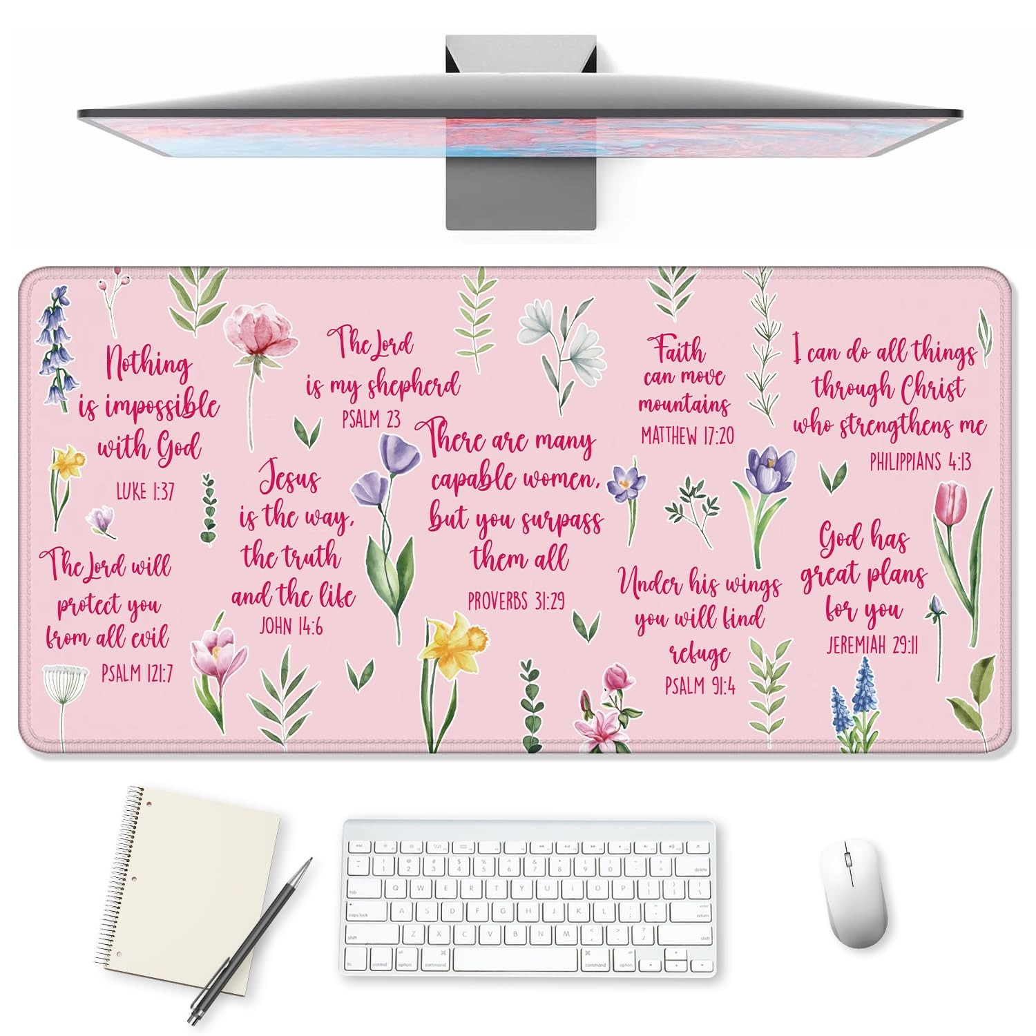 Pink Christian Floral Large Pad, Inspirational Bible Verse Extended Gaming Mo...