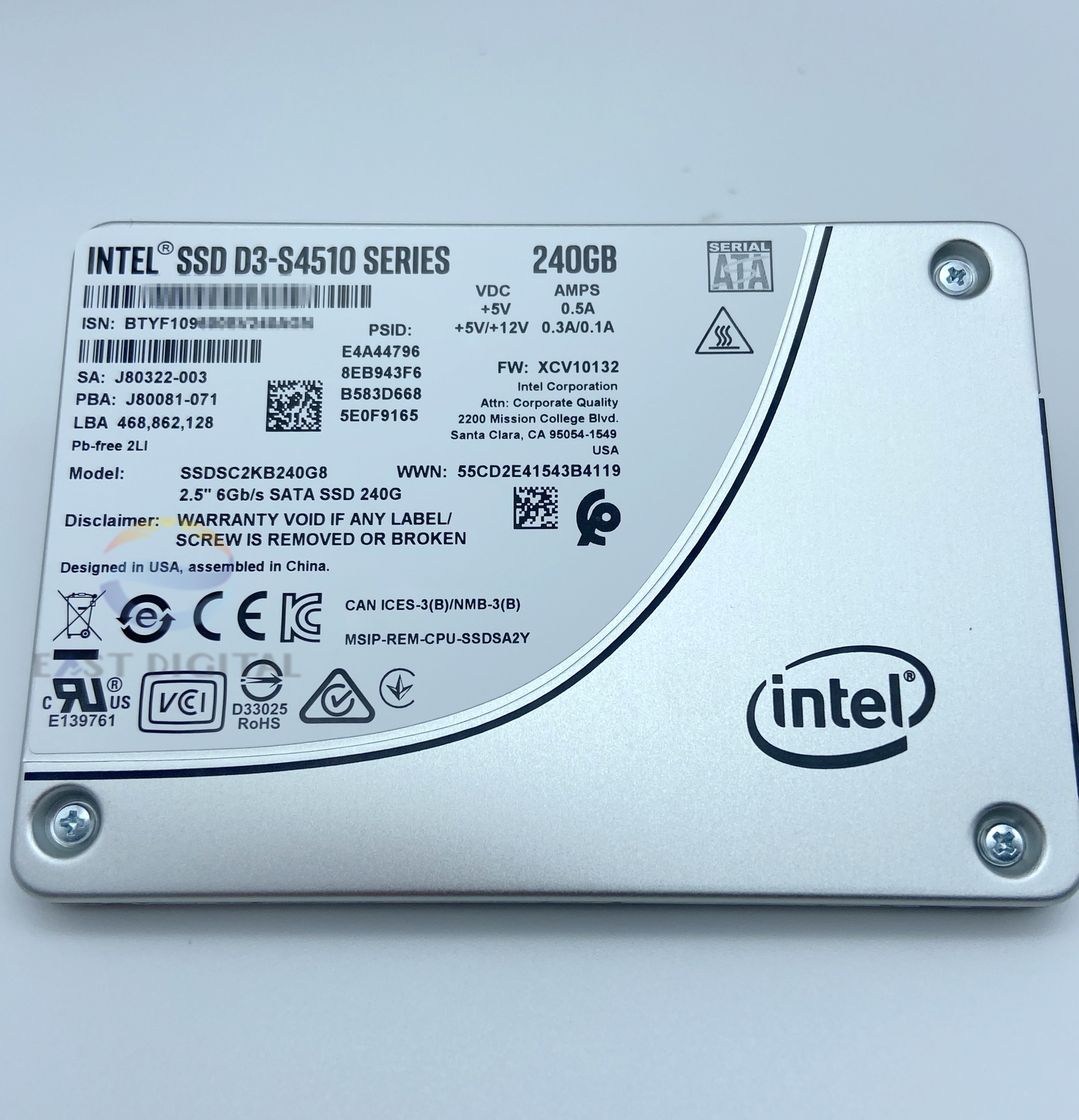 Intel SSDSC2KB240G801 D3-S4510 Series 240GB 2.5 6Gb/s SATA SSD 3D2 TLC New