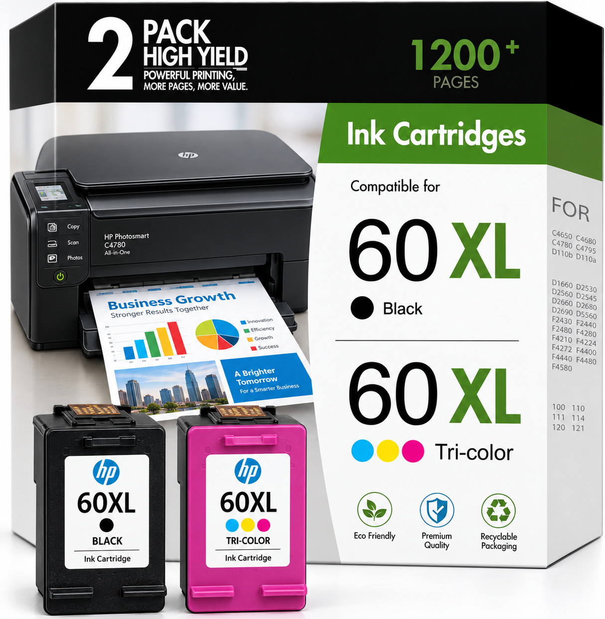 2 Pack 60XL Ink Cartridge Combo for HP DeskJet F4480 F4440 D2660 F4275 F4280