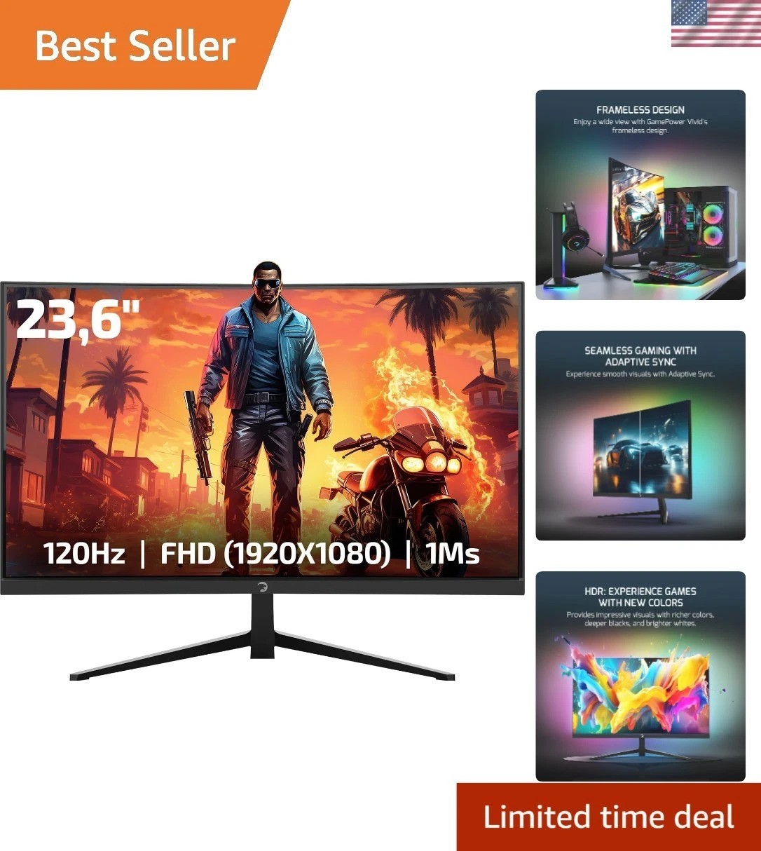 Immersive 23.6 Inch FHD Curved Monitor - 120Hz Refresh, 1ms Response, FreeSync