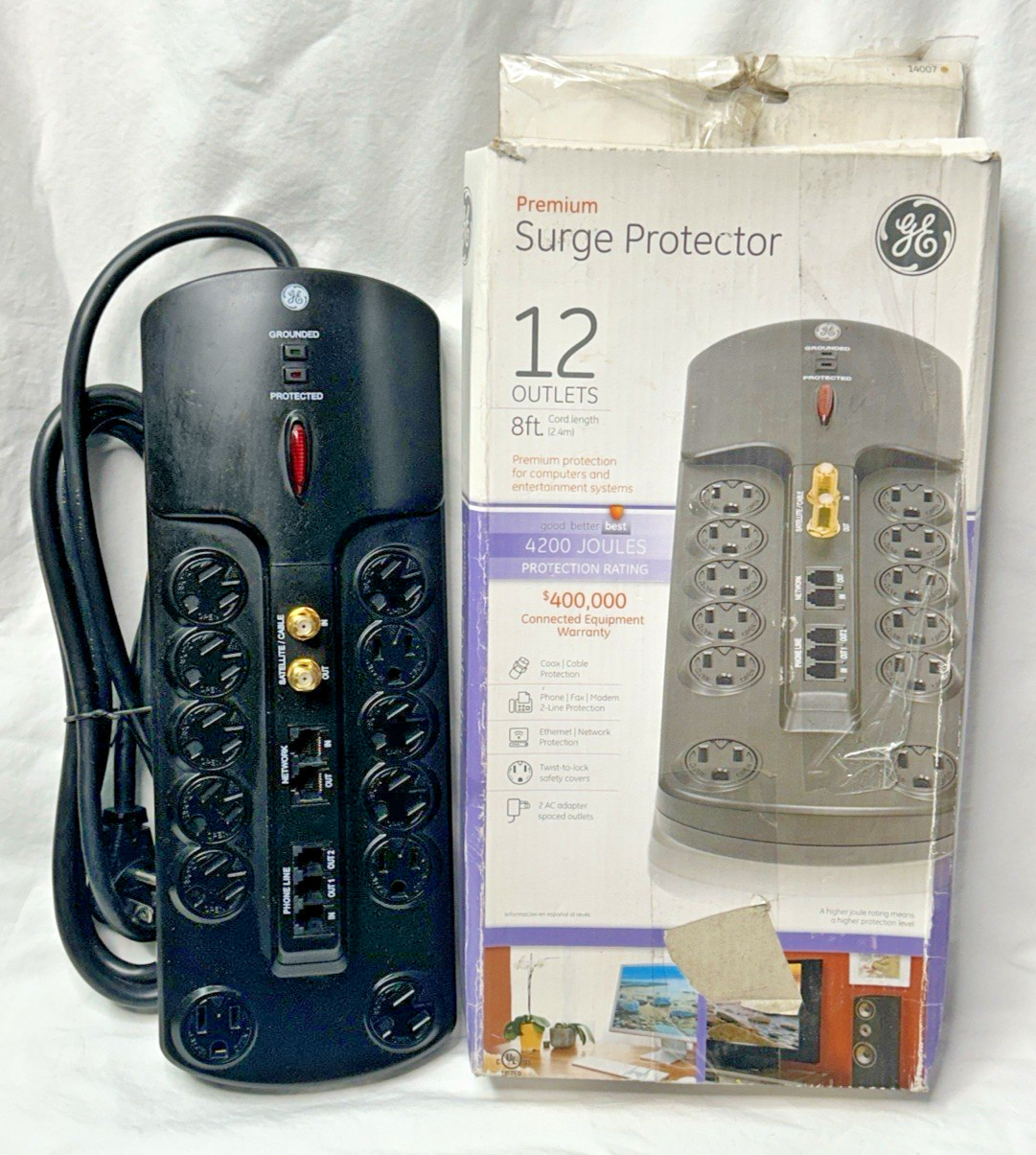 GE PREMIUM 12 Outlet Surge Protector 8 ft Long Cord 4200 Joules Router Plugs NIB