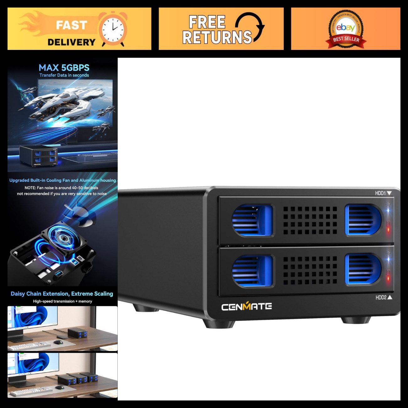 Aluminum 2 Bay Hard Drive Enclosure with Cooling Fan for 2.5”/3.5” SATA HDD/SSD,