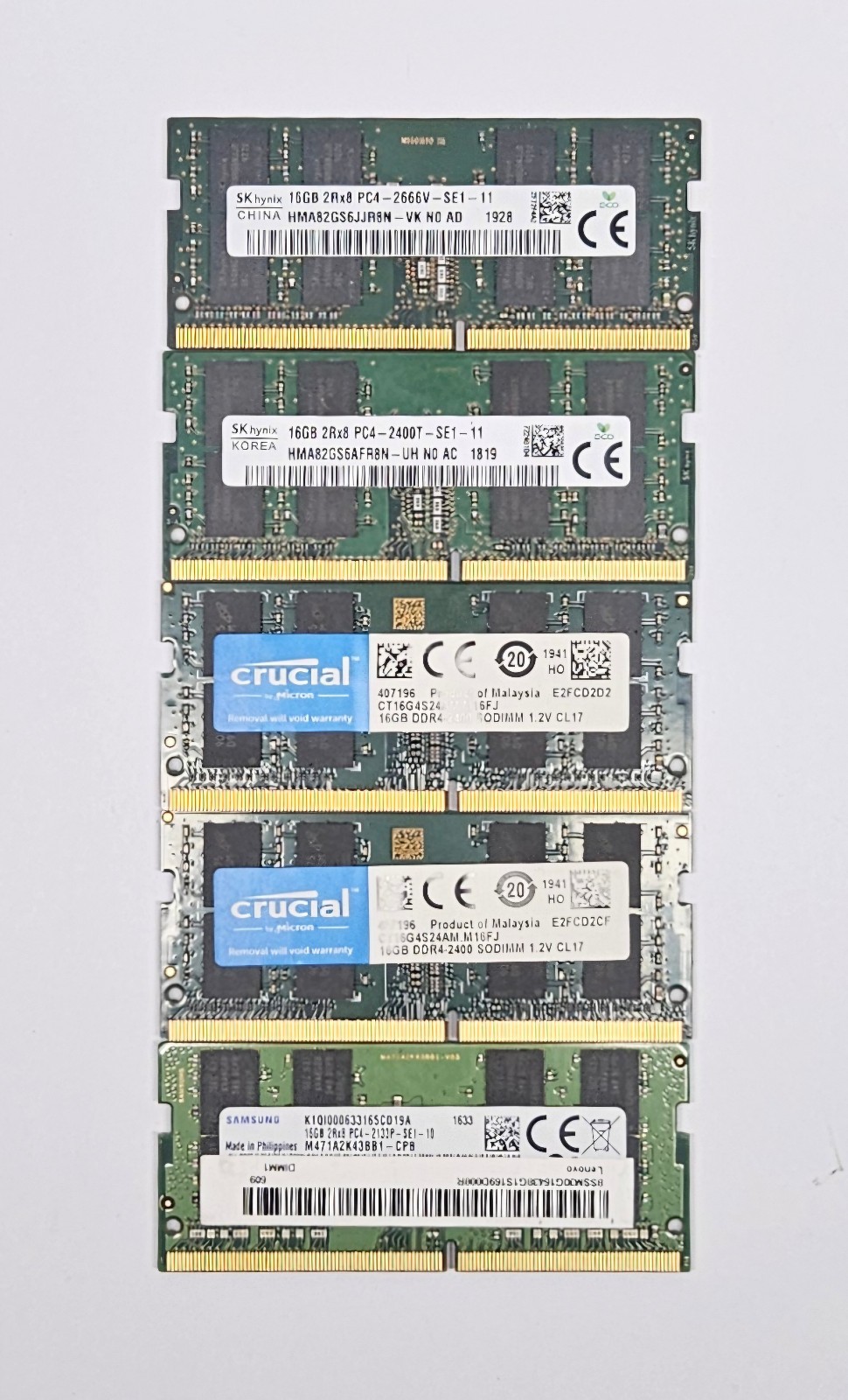 Lot of (5) 16GB PC4 DDR4 Laptop SODIMM RAM - Various Brands / Speeds - Tested