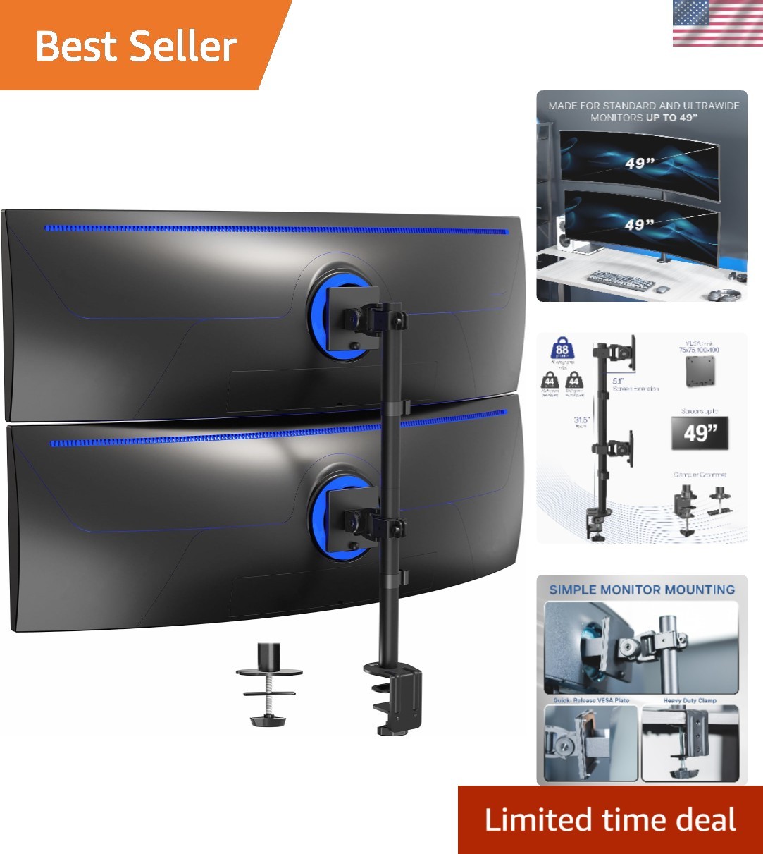 Dual Vertically Stacked Ultra-Wide Monitor Desk Mount for up to 49 inch Ultra...