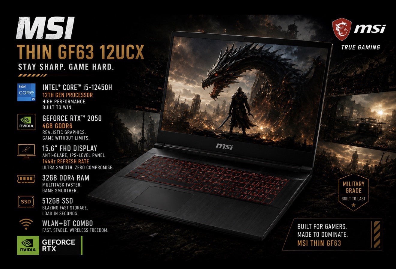 MSI GF63 12UCX-2043US 15.6" 144Hz i5-12450H 32GB 512GB RTX 2050 Win11 Pro Black