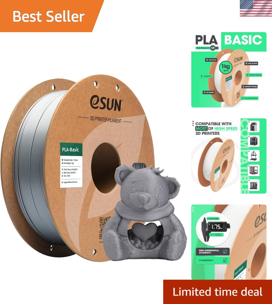 1KG Vacuum-Sealed Silver PLA Filament 1.75mm - Fast, Smooth & Durable Prints