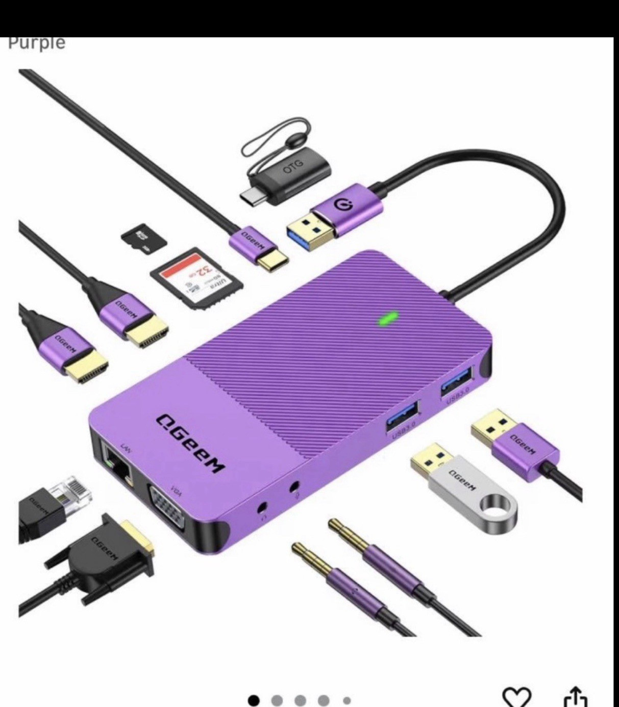QGeeM 11-in-1 USB-C Docking Station Hub OTG Purple HDMI VGA RJ-45 USB 3.0