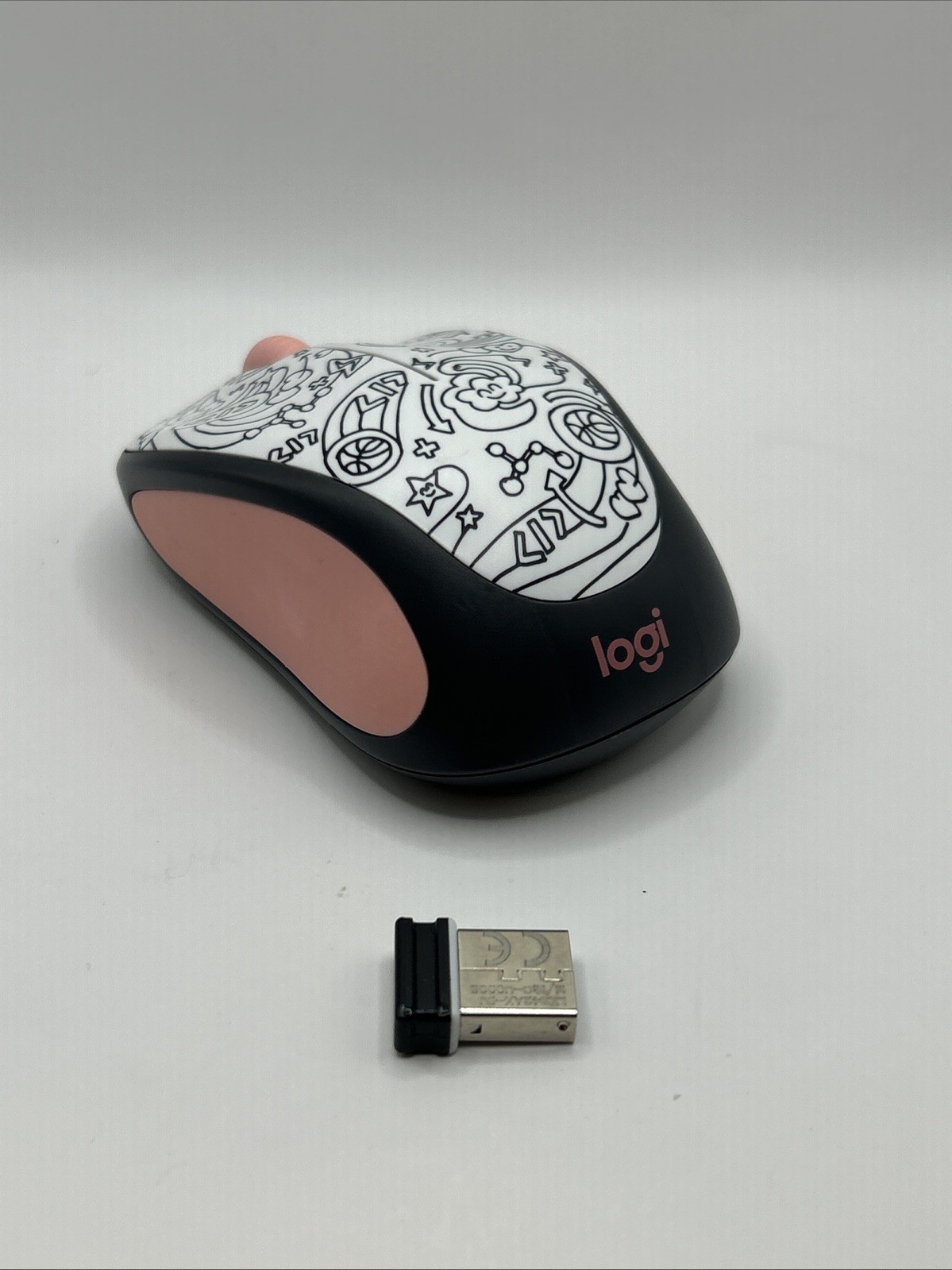 Logitech M317c  Wireless Optical Mouse + Dongle PINK DOODLE BRAINSTORM PEACH