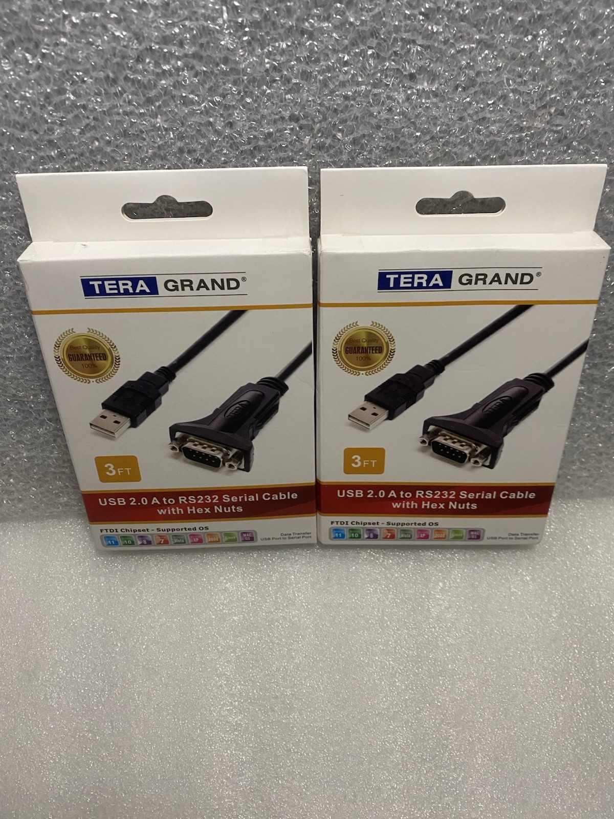 Lot of 2 USB 2.0 - RS232 Serial DB9 Adapter Cable 3 ft FTDI Chipset Hex Jack Nut
