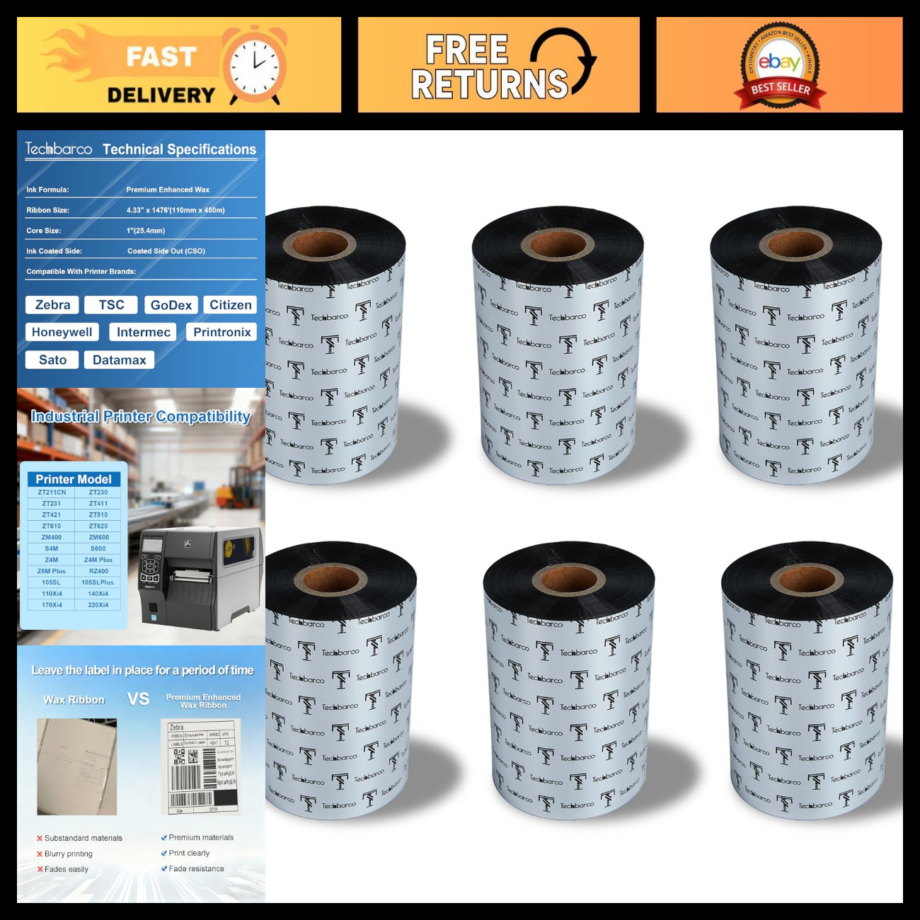 6 Rolls 4.33" x 1476' Premium Wax Thermal Transfer Ribbon for Label Printing