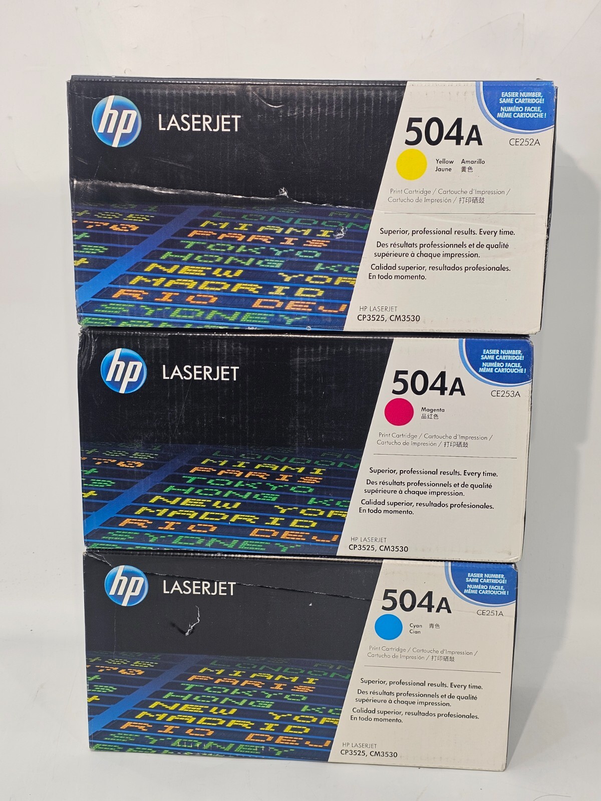 GENUINE SET OF 3 HP 504A LJ BCYM CE251A CE252A CE253A TONERS SEE PHOTOS
