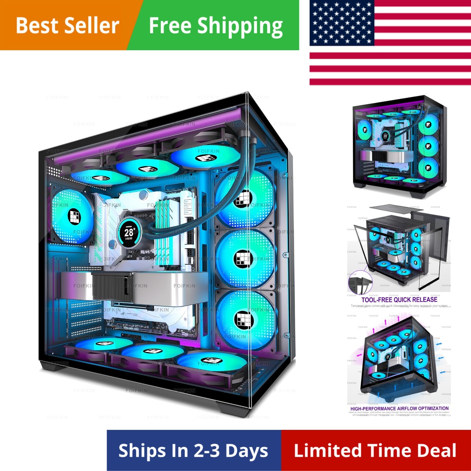 F600 PC Case - Pre-Installed 7 PWM ARGB Fan, ATX Mid-Tower Gaming PC Case, 27...