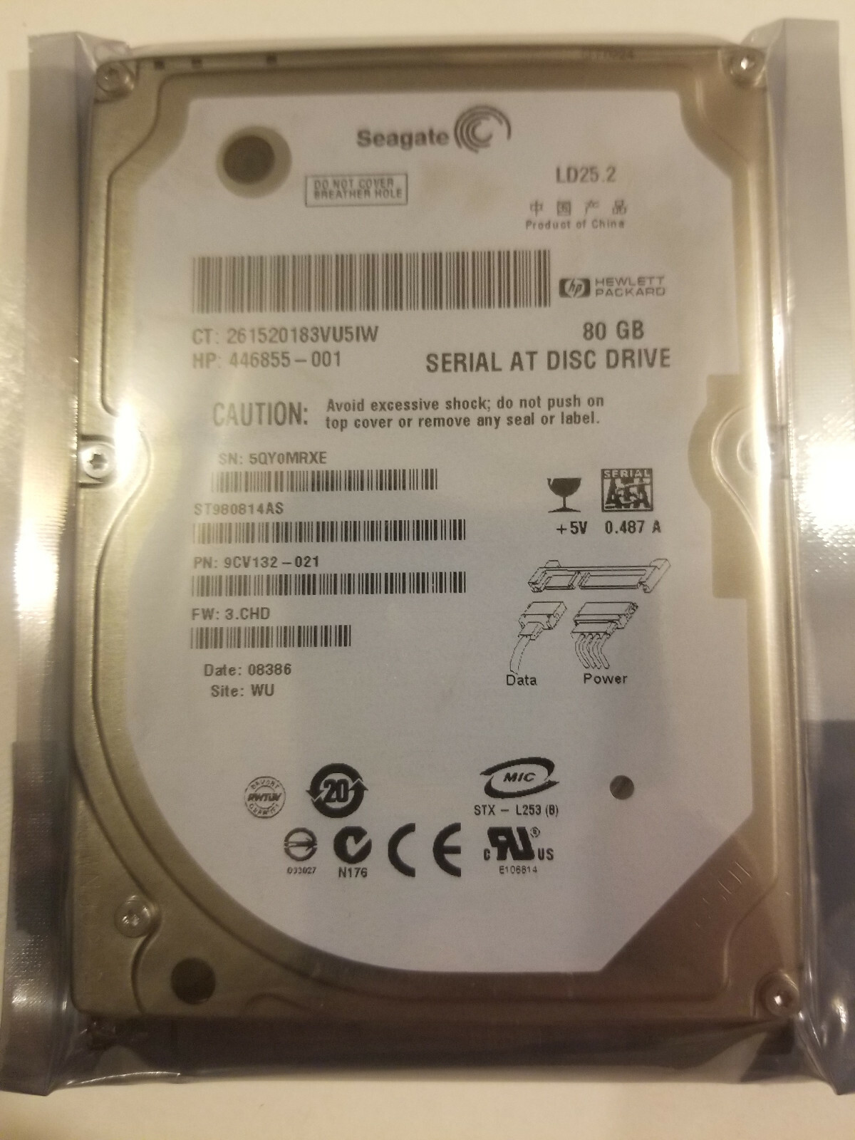 Seagate ST980814AS PN 9CV132-021 FW 3.CHD WU 80GB SATA 2.5 HD D 08386 446855-001