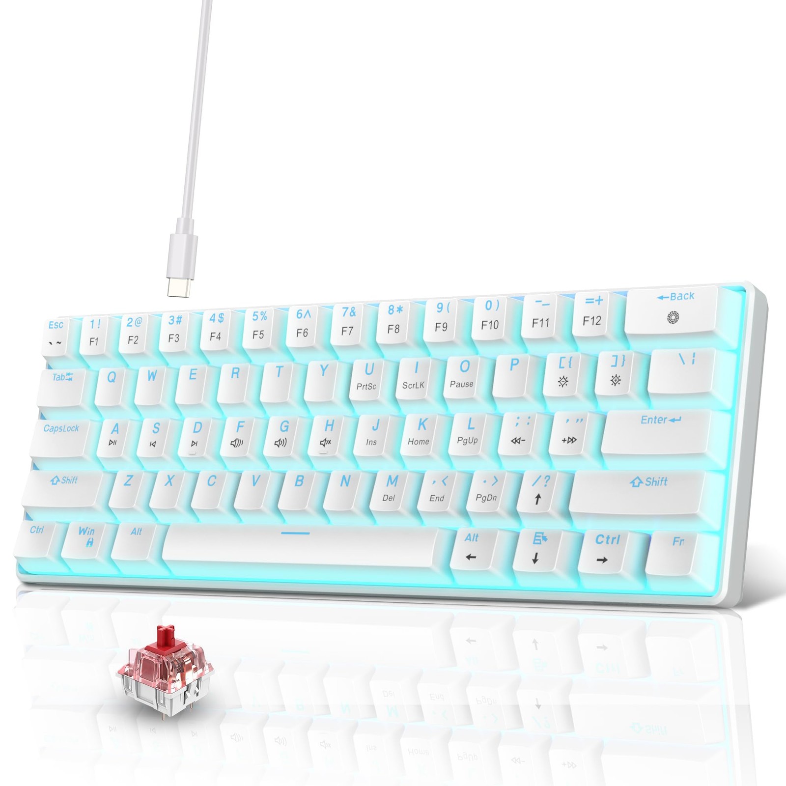 White 60% 61 Key Wired Mechanical Gaming Keyboard Red Switch Ice Blue LED PC