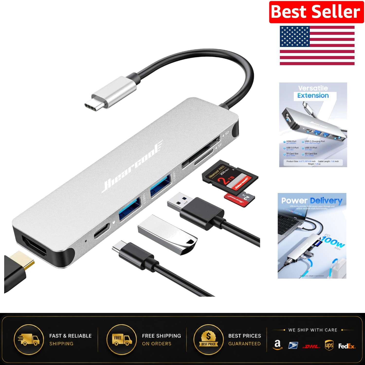 Versatile 7-in-1 USB C Hub with 100W PD, HDMI & SD Reader - Travel Essential