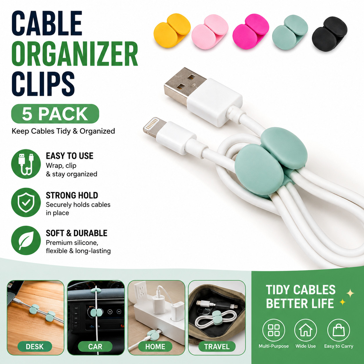 5Pcs Silicone Cable Organizer Clips Cord Holder Wire Management Desk Tidy Clips
