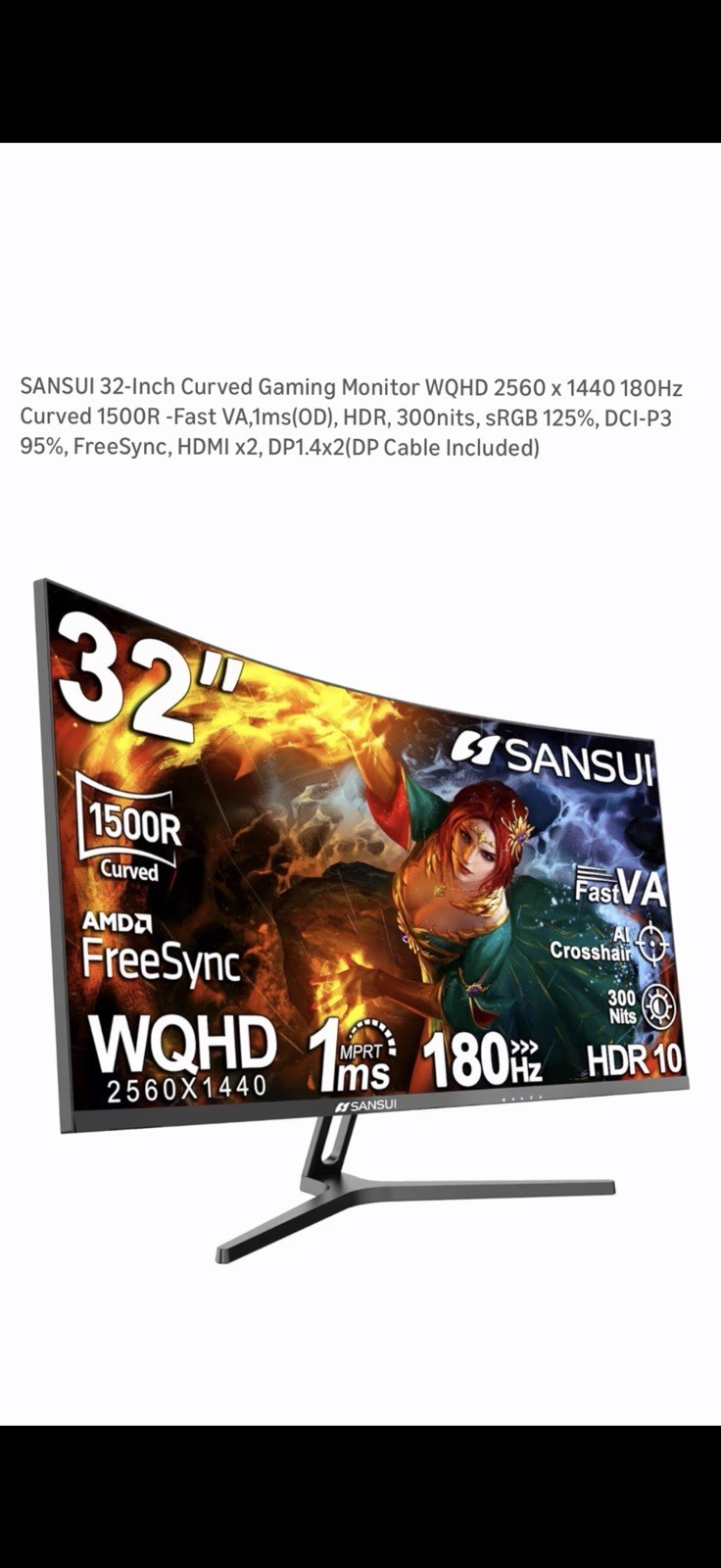 SANSUI 32-Inch Curved Gaming Monitor WQHD 180Hz 1ms HDR10 Adaptive-Sync HDMI DP