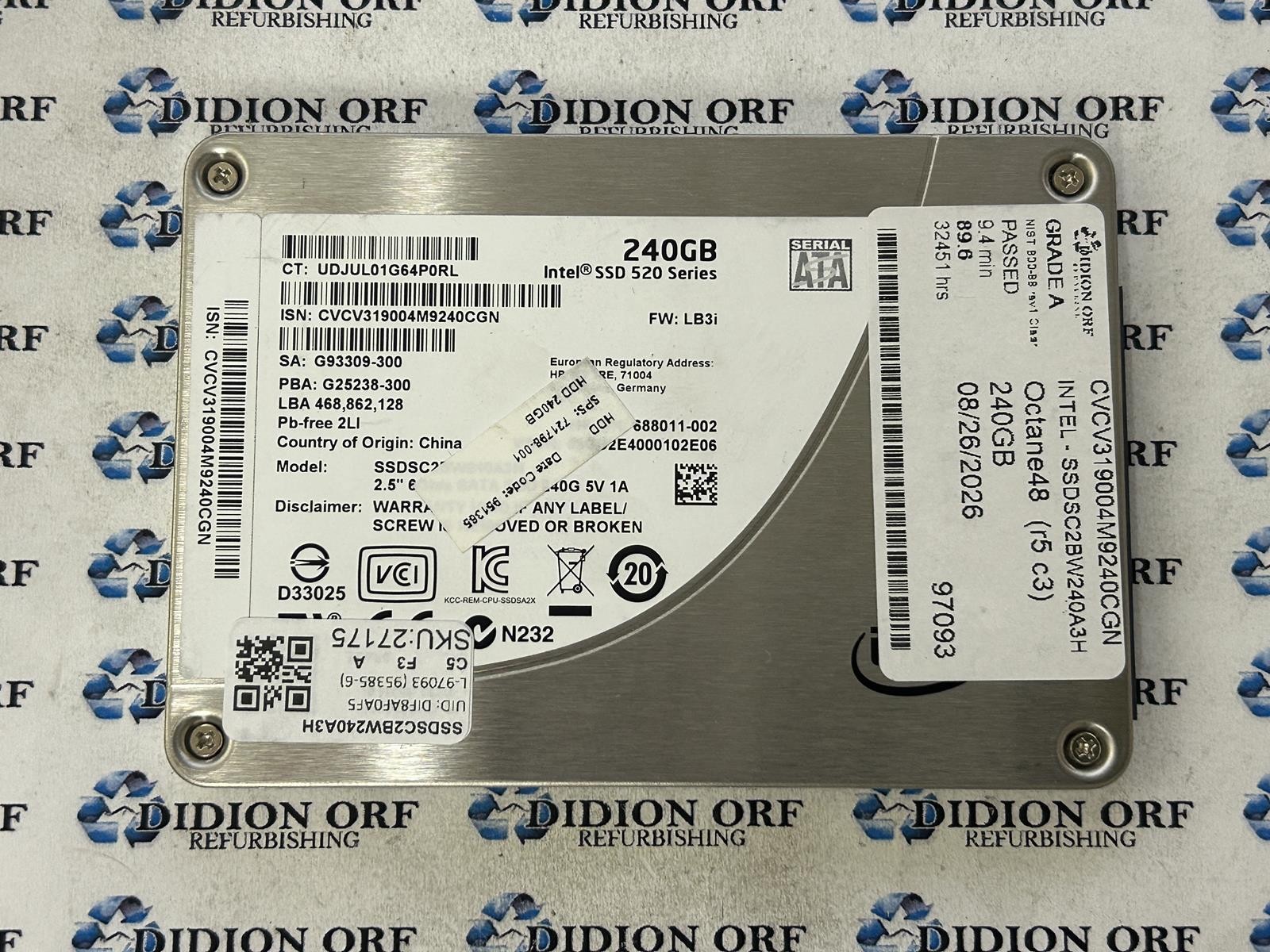 INTEL 520 SERIES 240GB 2.5" SATA SSD SSDSC2BW240A3H, Grade A, SKU 27175