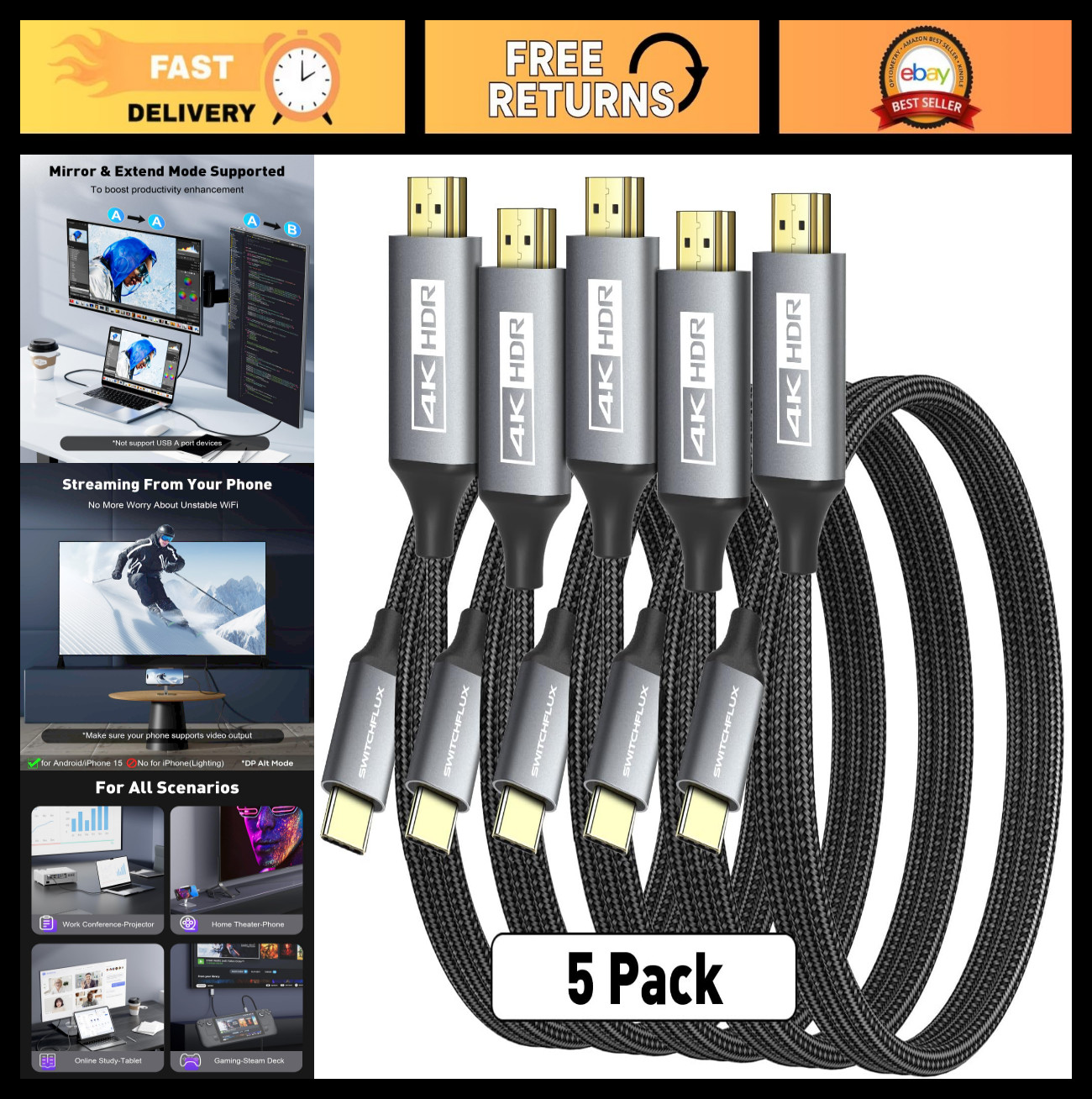 5 Pack 6Ft USB-C to HDMI Cable 4K@60Hz High-Speed Braided Cord for iPhone, MacBo