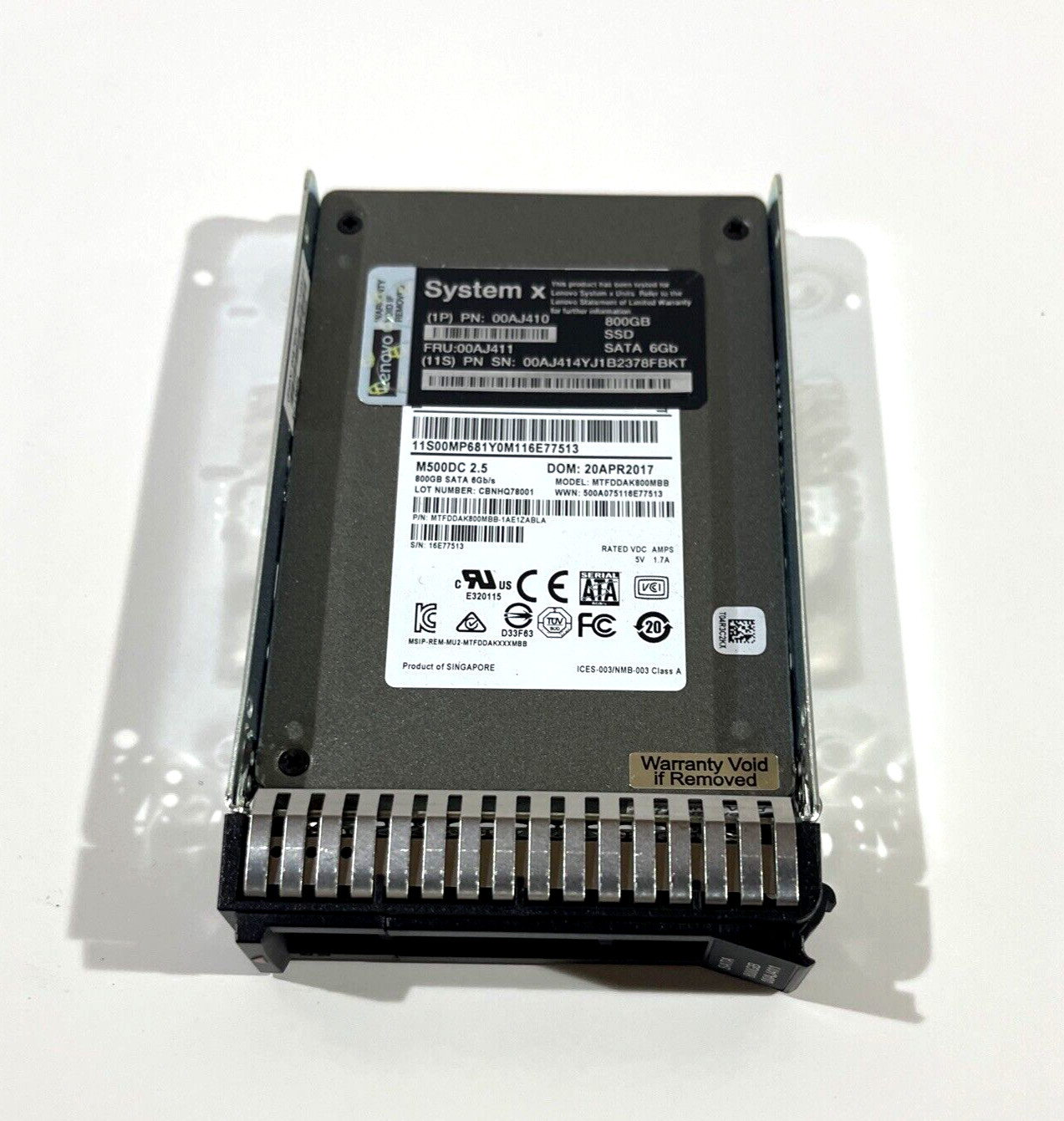 00AJ411 LENOVO  800GB 6G SATA 2.5" SFF SSD  MTFDDAK800MBB W/ CADDY