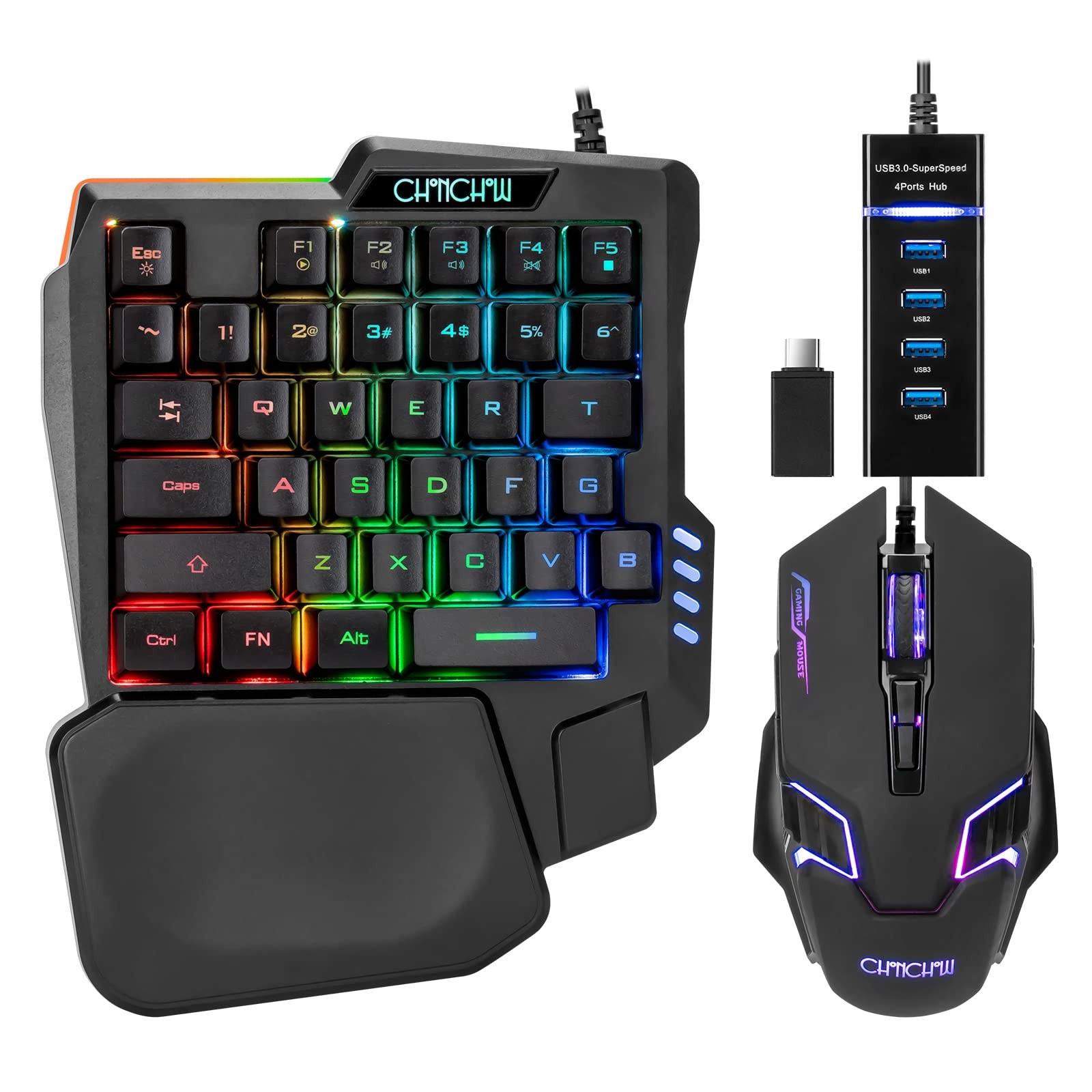 One Handed Half Keyboard Mouse USB Spilitter Type-C Adapter Gaming Combo with...