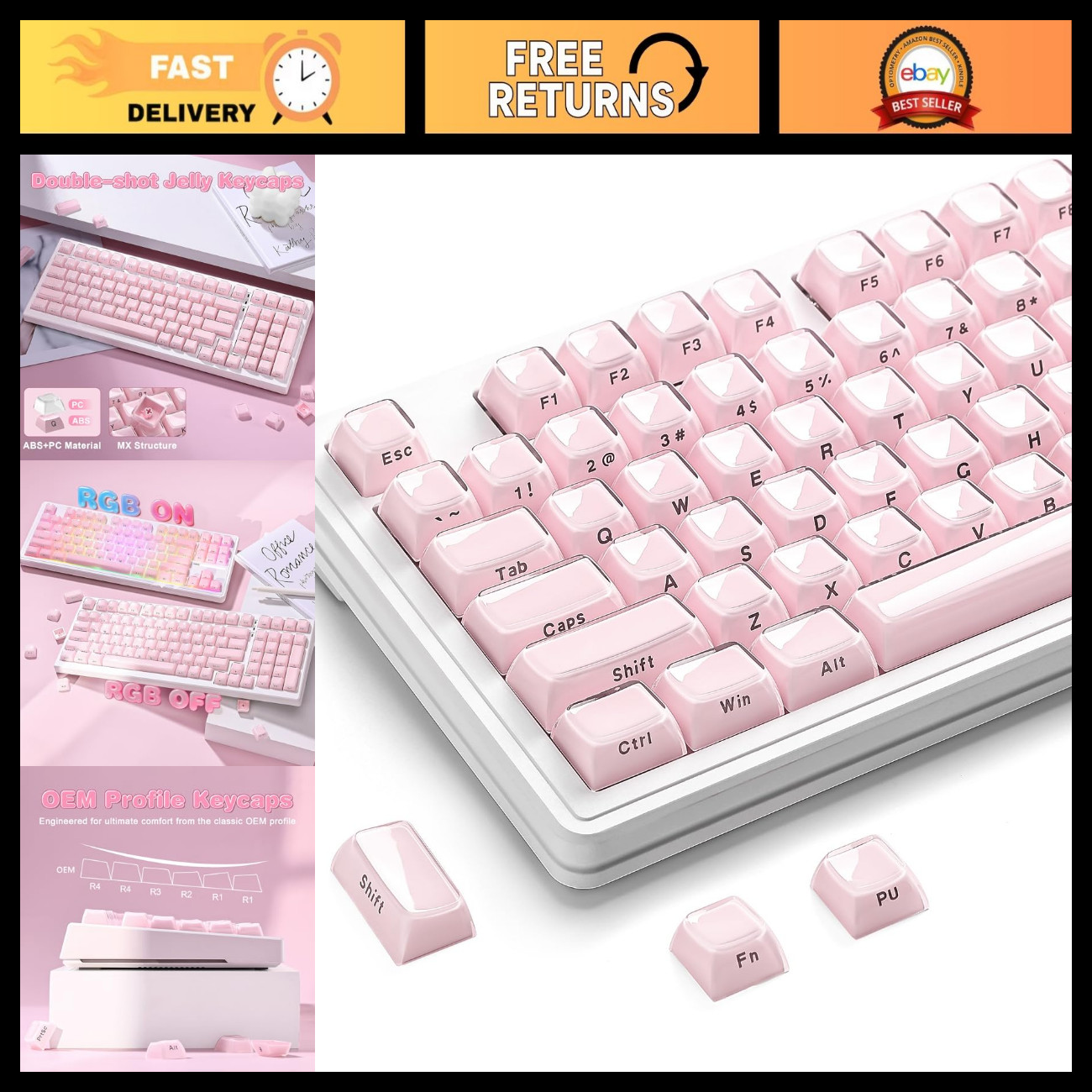 113 Keys PBT Laser-Etched Keycaps Set - Pink OEM Profile Mechanical Keyboard Upg