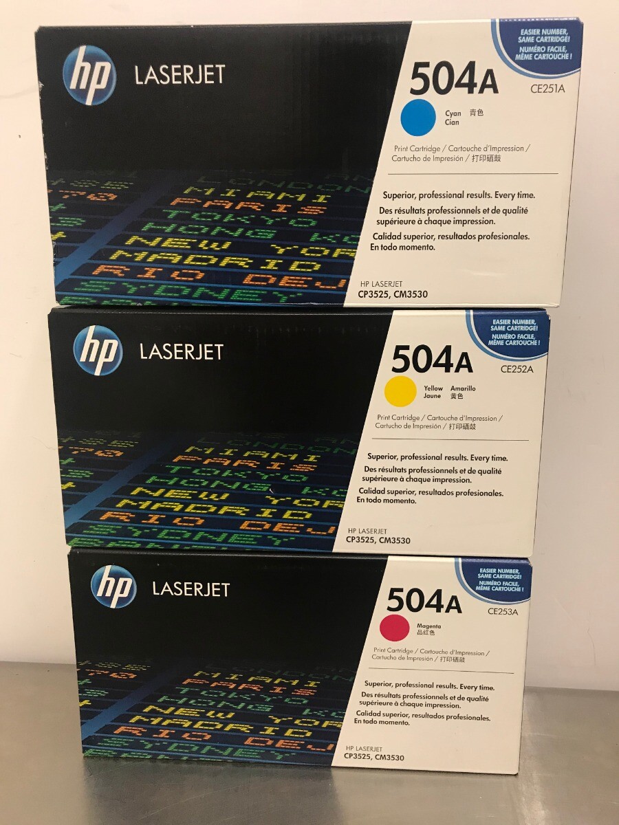 Lot (3) HP 504A Toner Cyan CE251A, Yellow CE252A, Magenta CE253A, CP3525 CM3530