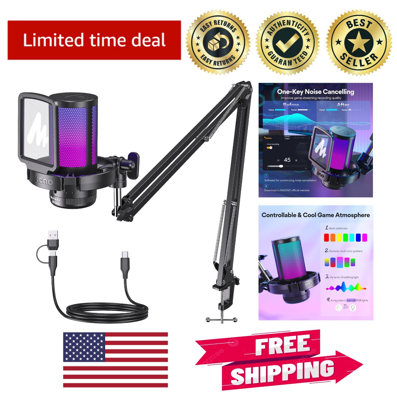Top Quality USB Condenser Mic with Noise Cancellation & Flexible Boom Arm Setup