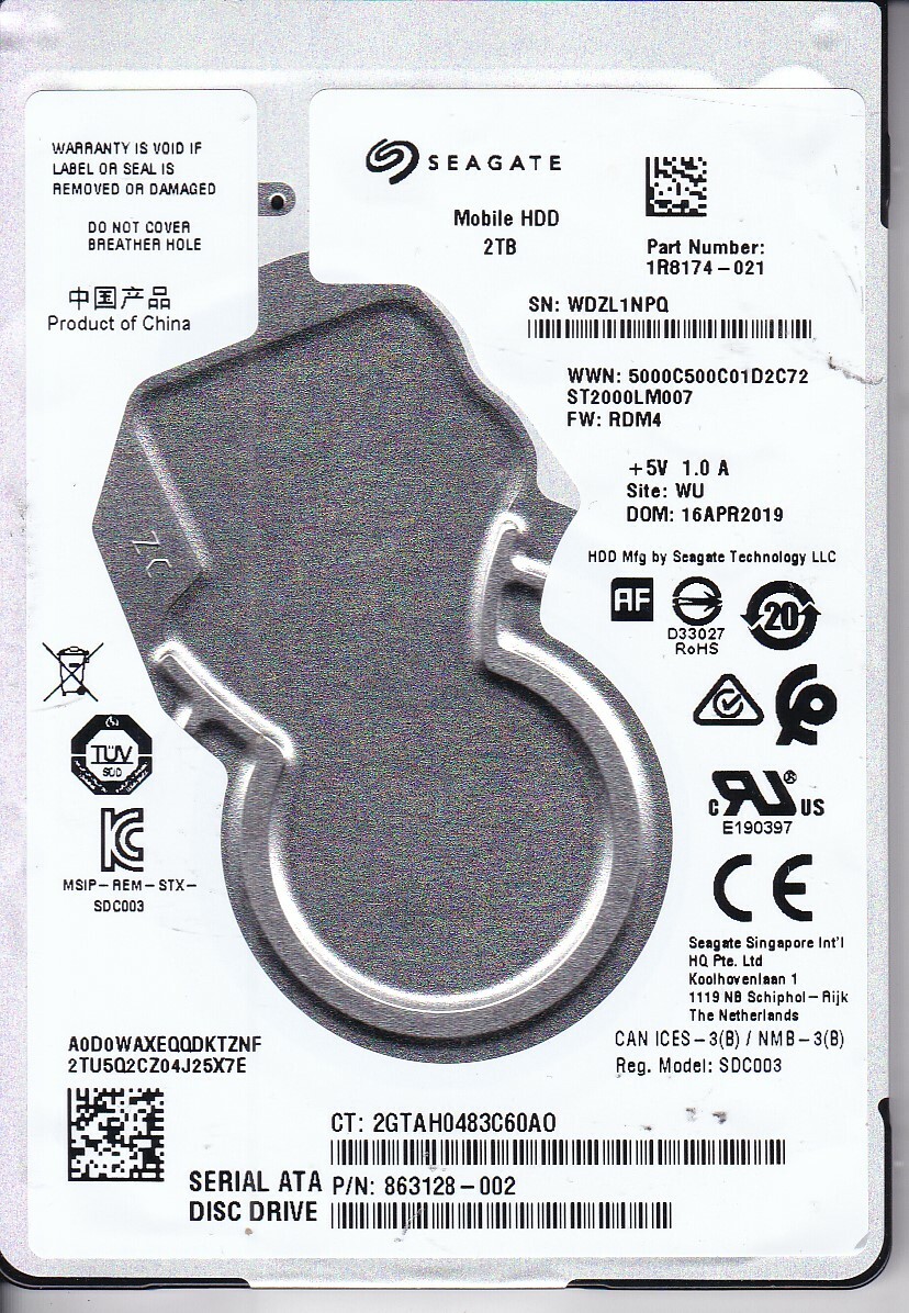  ST2000LM007 pn: 1R8174-021 fw: RDM4 sn: WDZ WU 2019 2TB SATA 2.5" SEAGATE