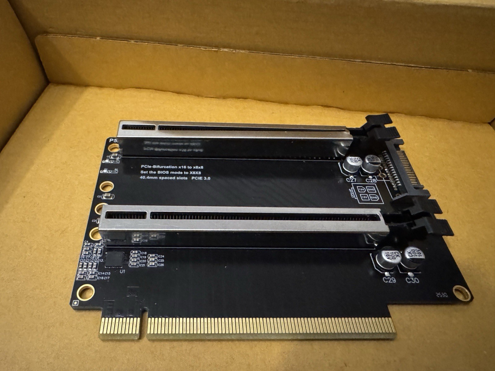 PCIe 3.0 x16 to Dual x8/x8 Bifurcation Riser Card 40.4mm SATA Power