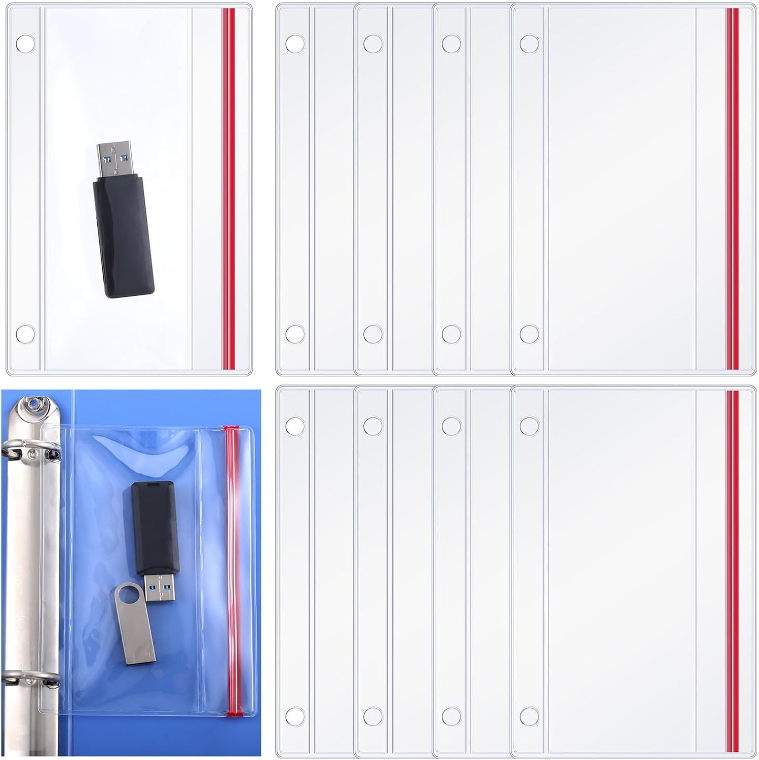 10 Pack Flash Drive Holder for 3 Ring Binders Clear Flash Drive Zipper Case Bulk