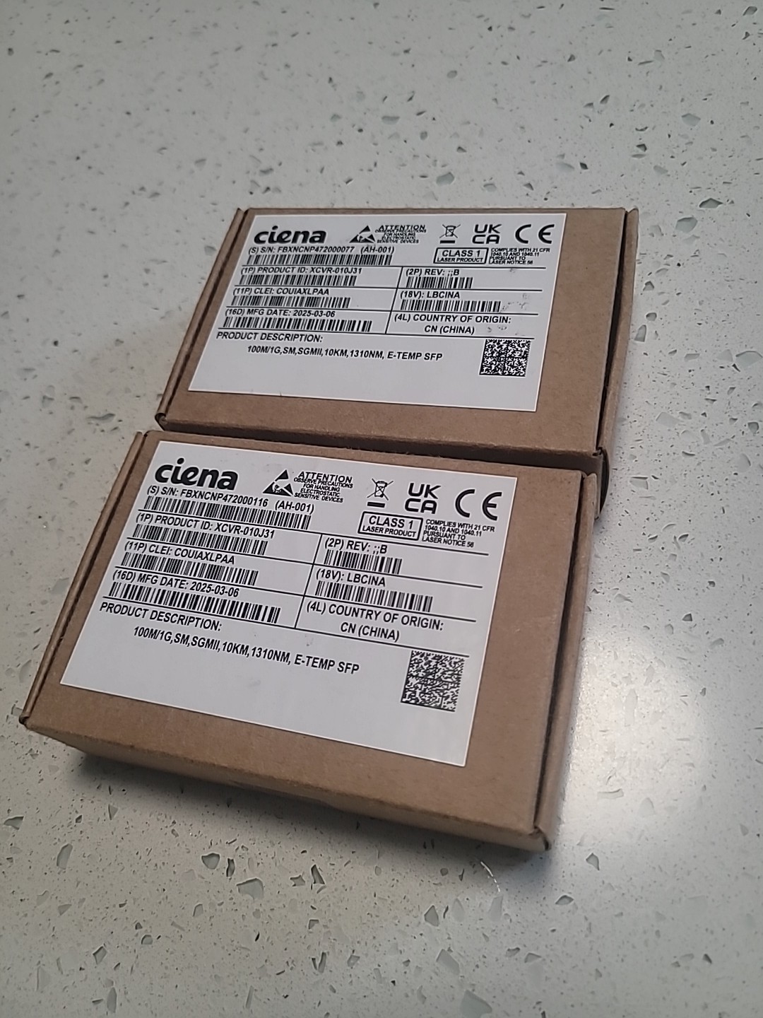 Ciena SFP transceiver XCVR-010J31 100M/1G speeds.